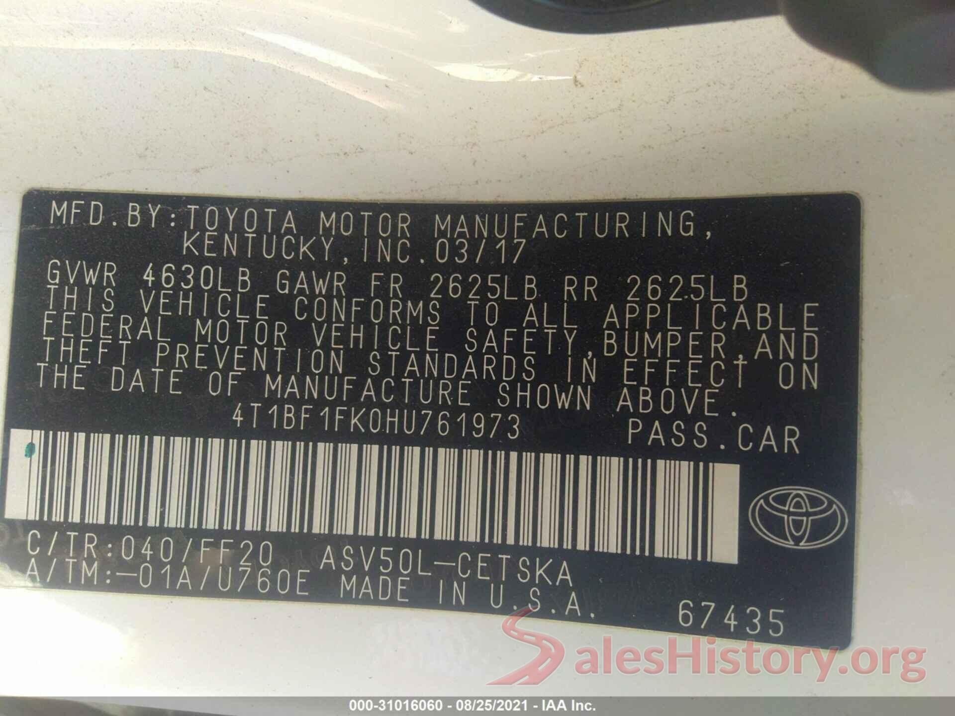 4T1BF1FK0HU761973 2017 TOYOTA CAMRY