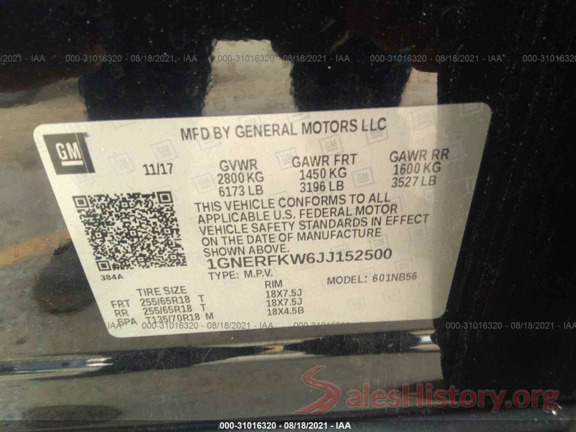 1GNERFKW6JJ152500 2018 CHEVROLET TRAVERSE