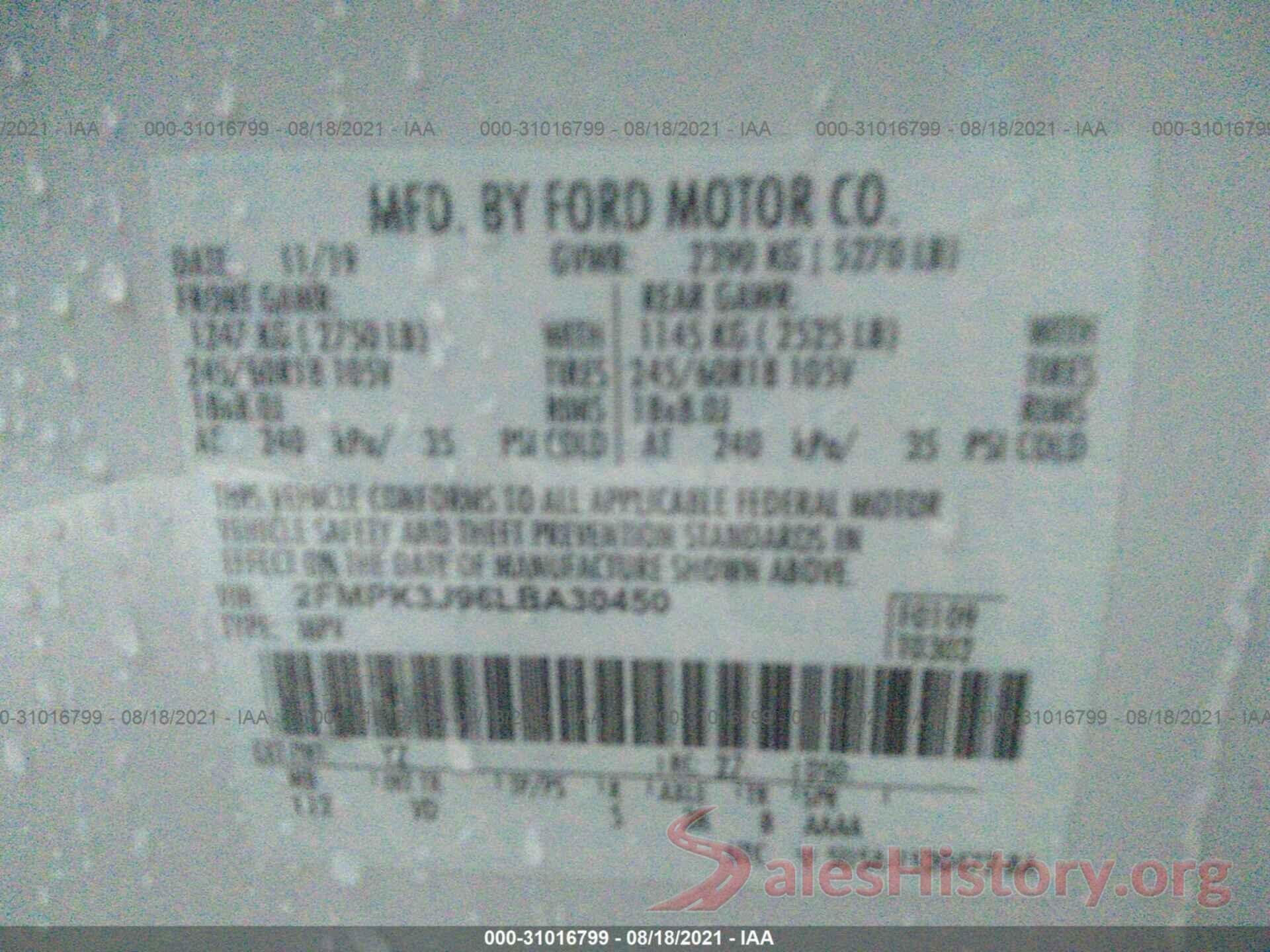 2FMPK3J96LBA30450 2020 FORD EDGE