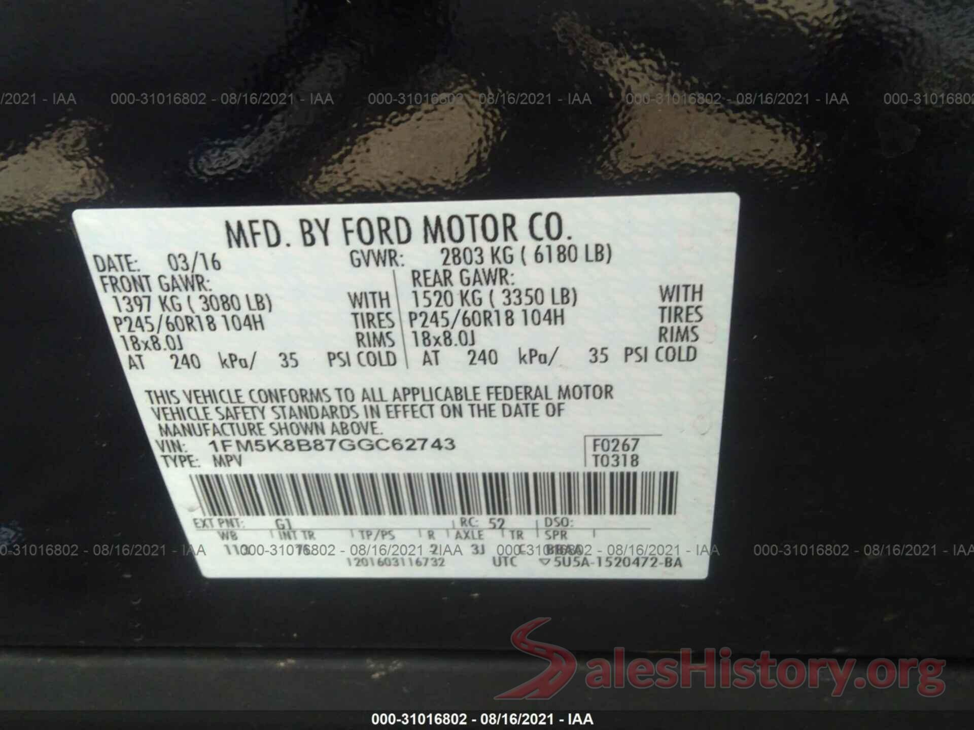 1FM5K8B87GGC62743 2016 FORD EXPLORER