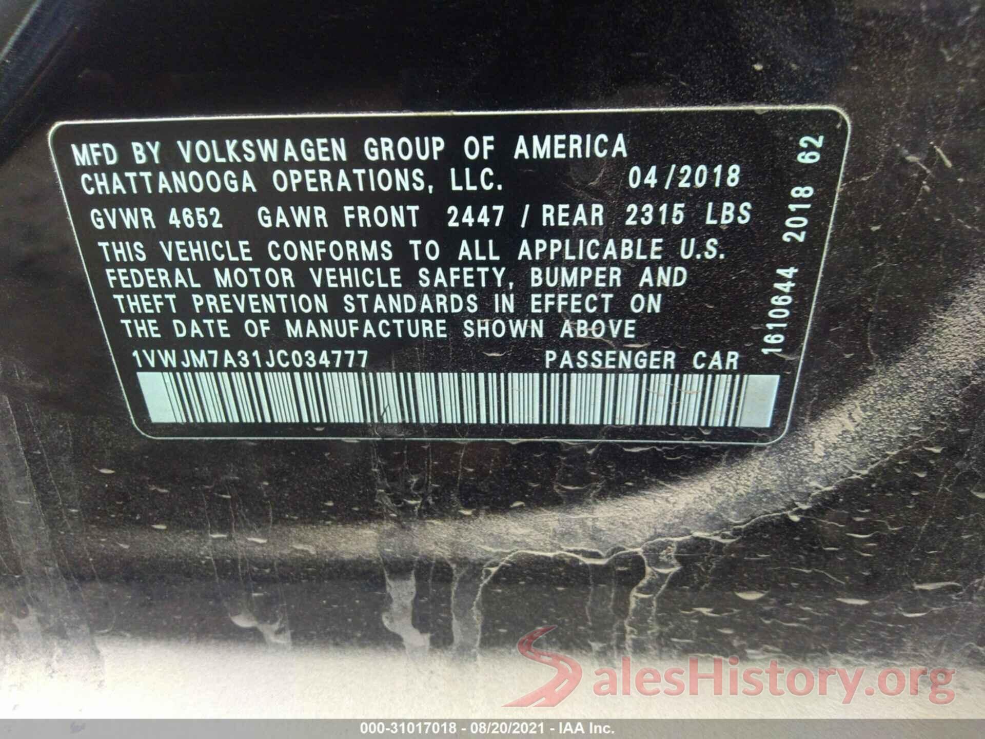 1VWJM7A31JC034777 2018 VOLKSWAGEN PASSAT