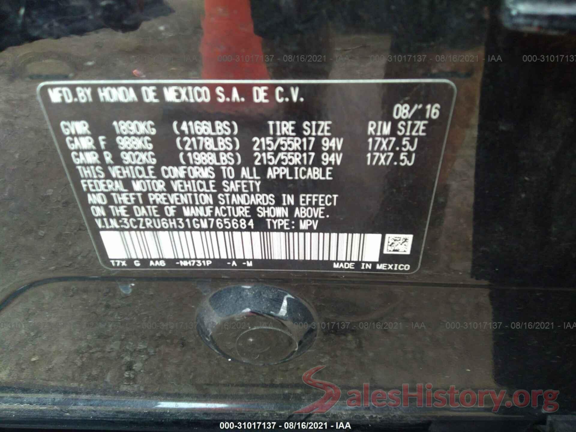 3CZRU6H31GM765684 2016 HONDA HR-V