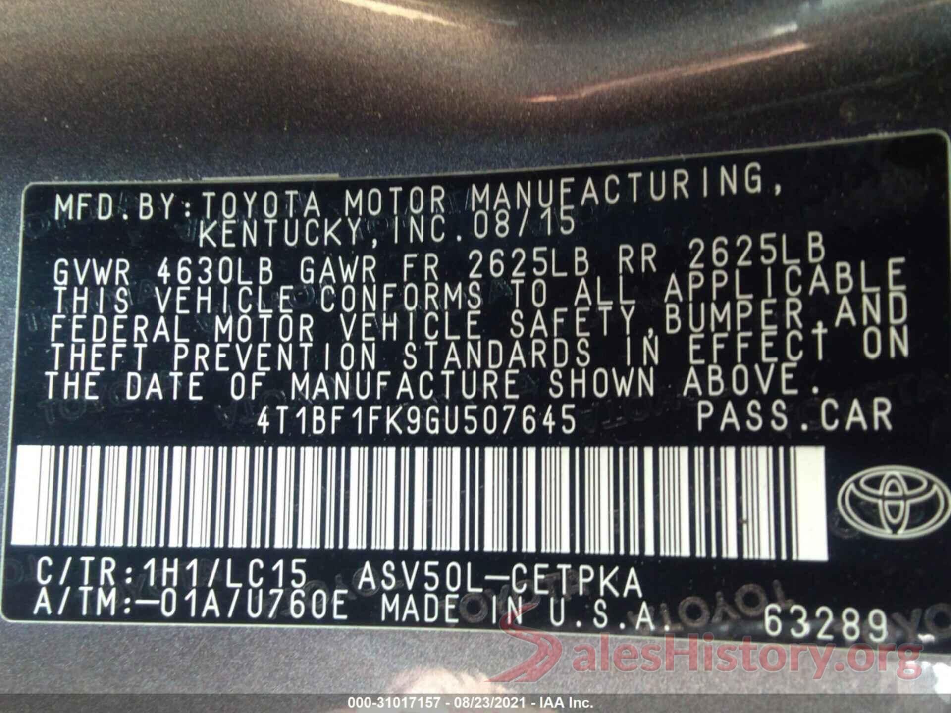 4T1BF1FK9GU507645 2016 TOYOTA CAMRY