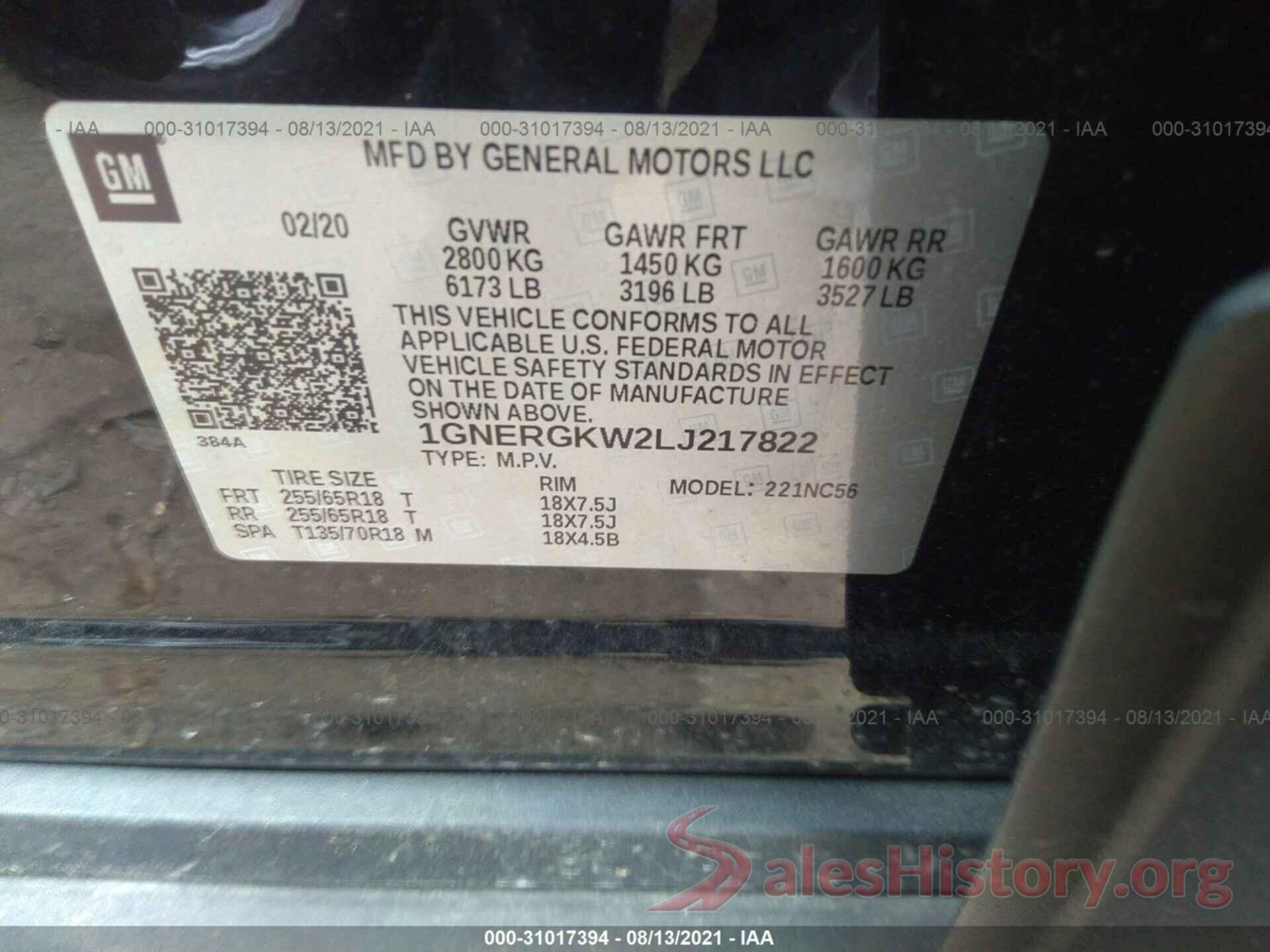 1GNERGKW2LJ217822 2020 CHEVROLET TRAVERSE