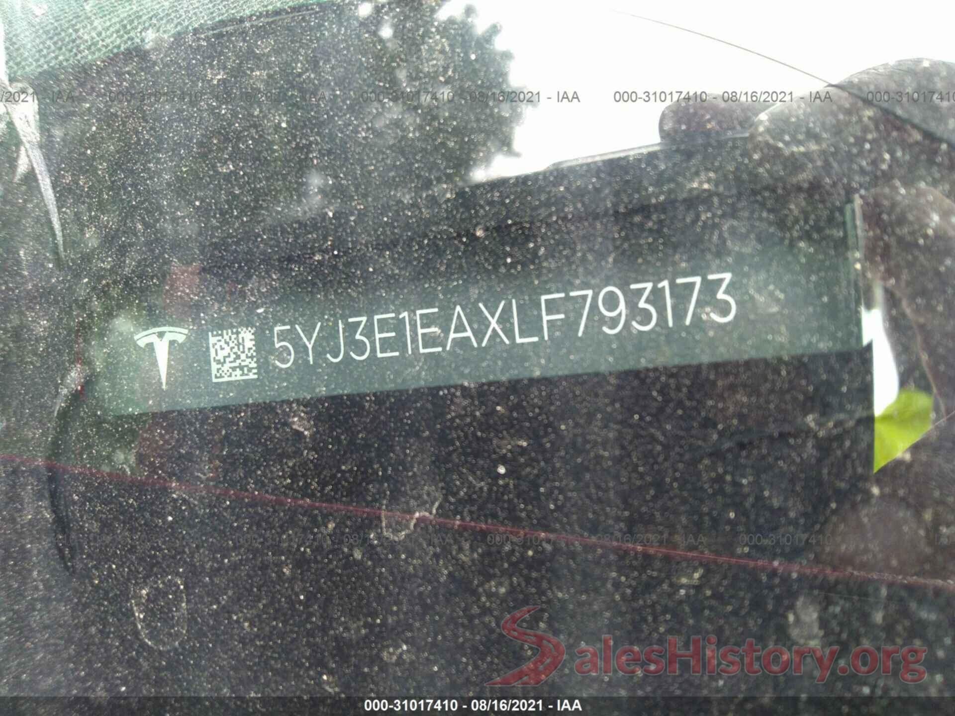 5YJ3E1EAXLF793173 2020 TESLA MODEL 3