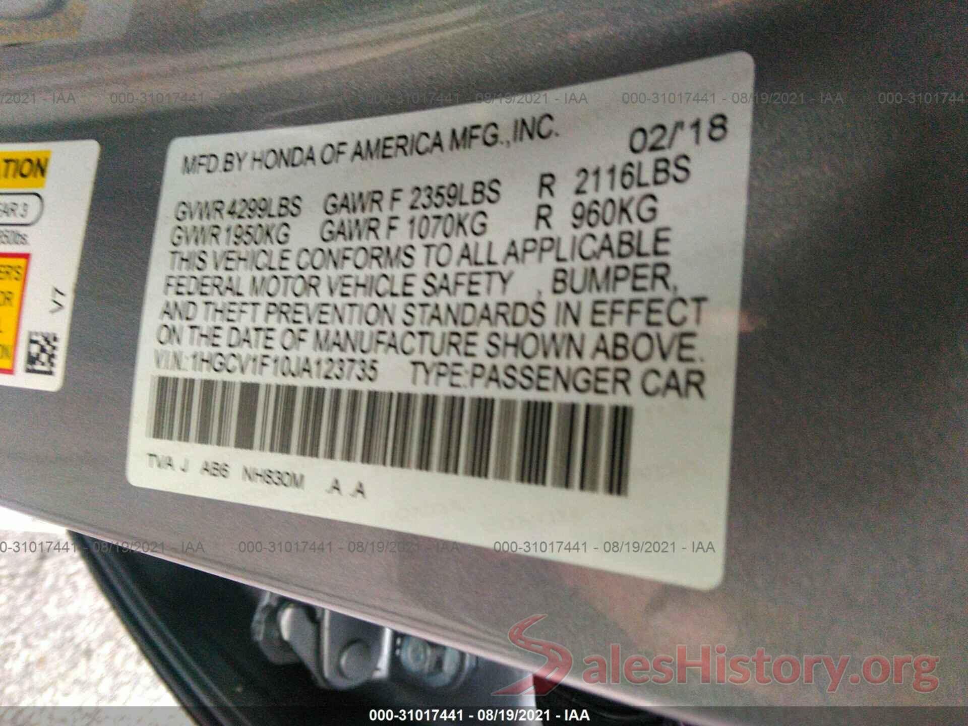 1HGCV1F10JA123735 2018 HONDA ACCORD SEDAN