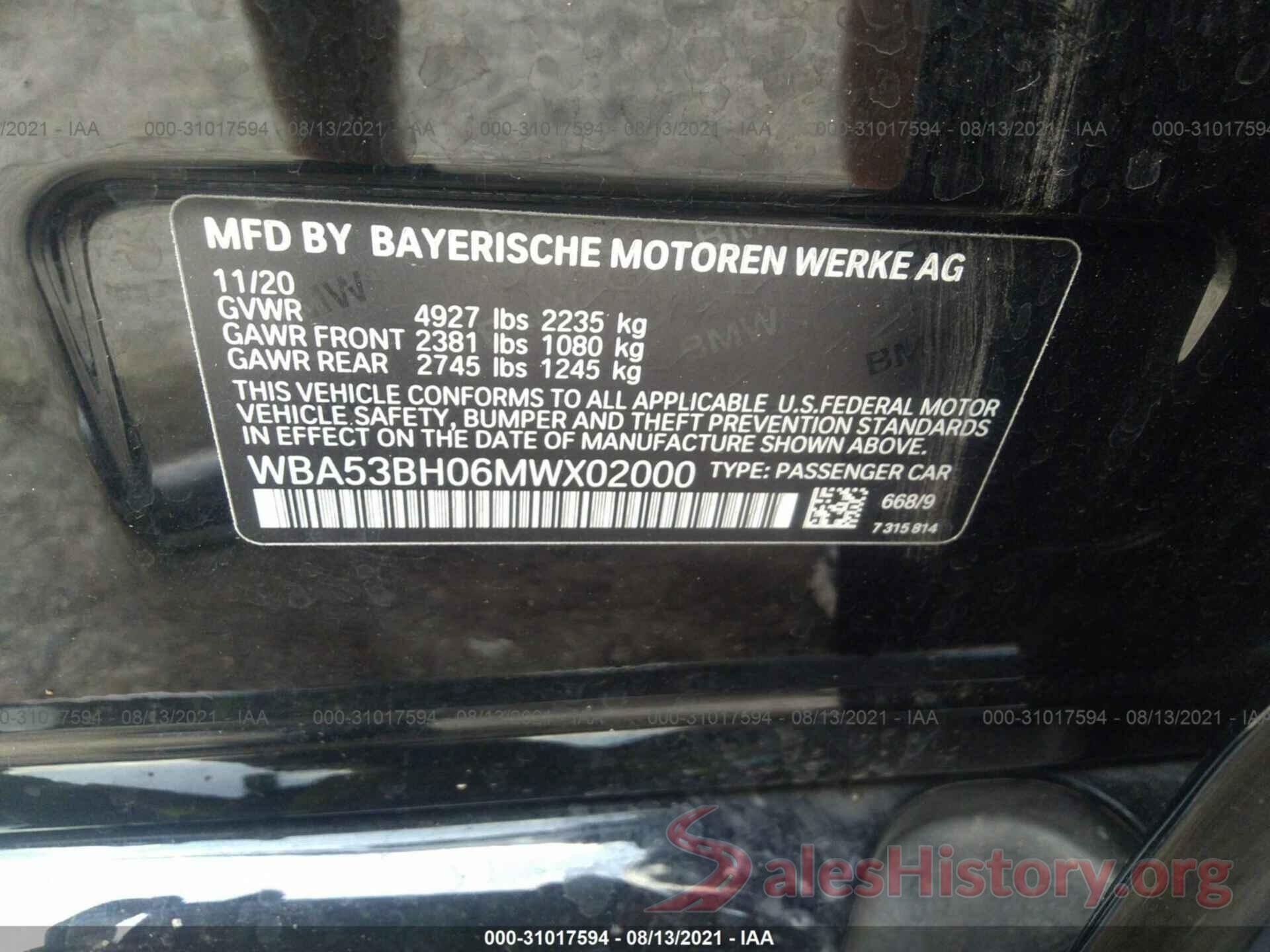 WBA53BH06MWX02000 2021 BMW 5 SERIES