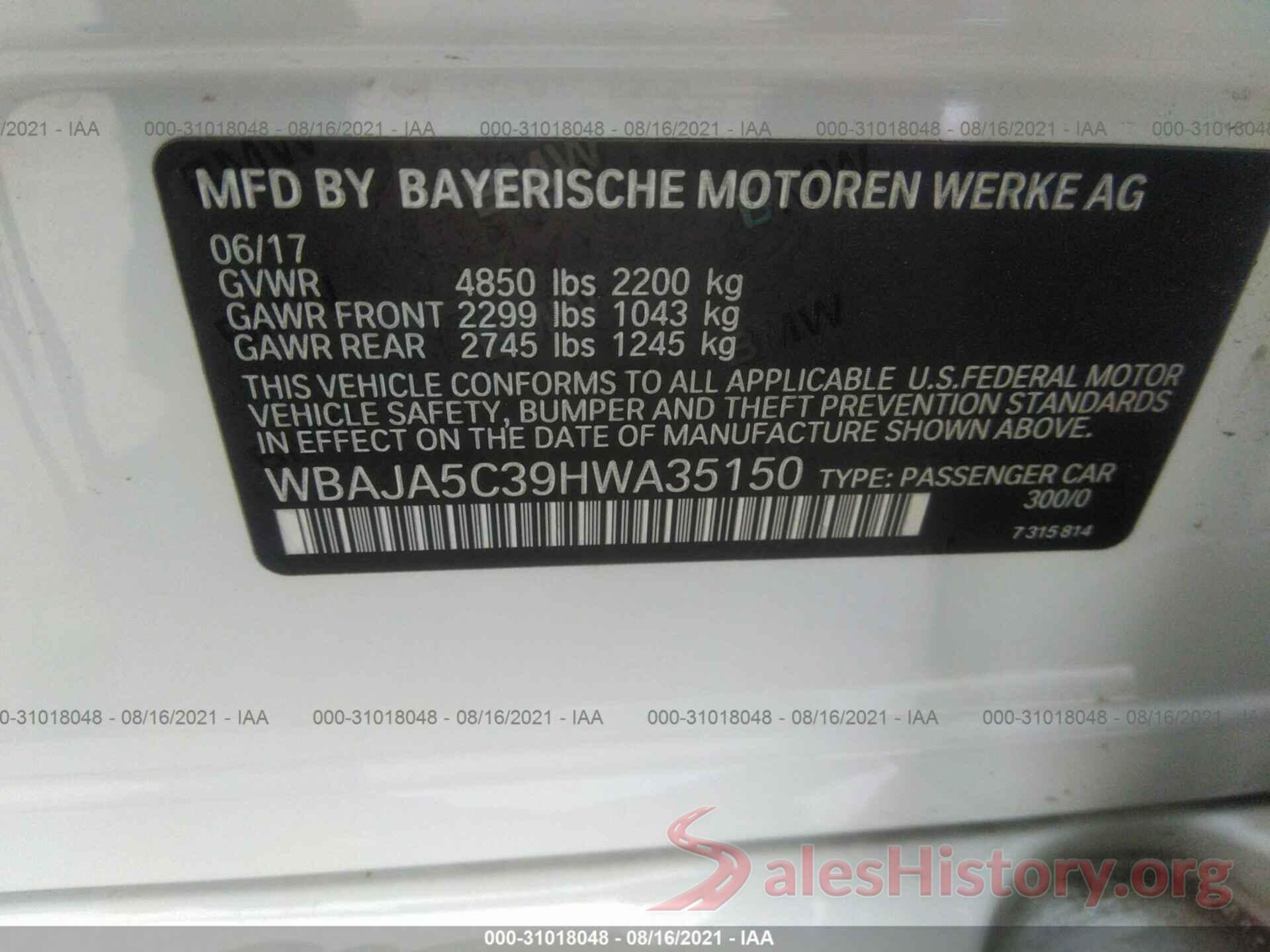 WBAJA5C39HWA35150 2017 BMW 5 SERIES