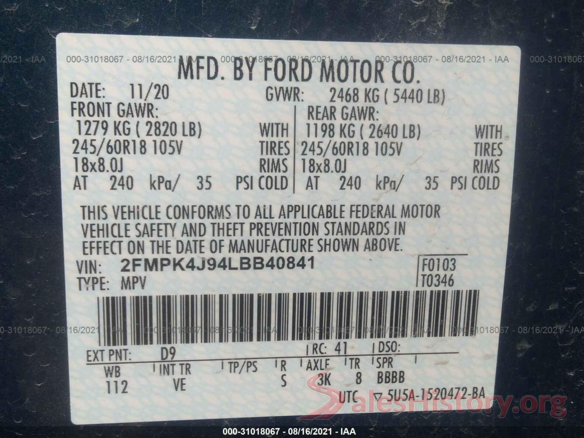 2FMPK4J94LBB40841 2020 FORD EDGE