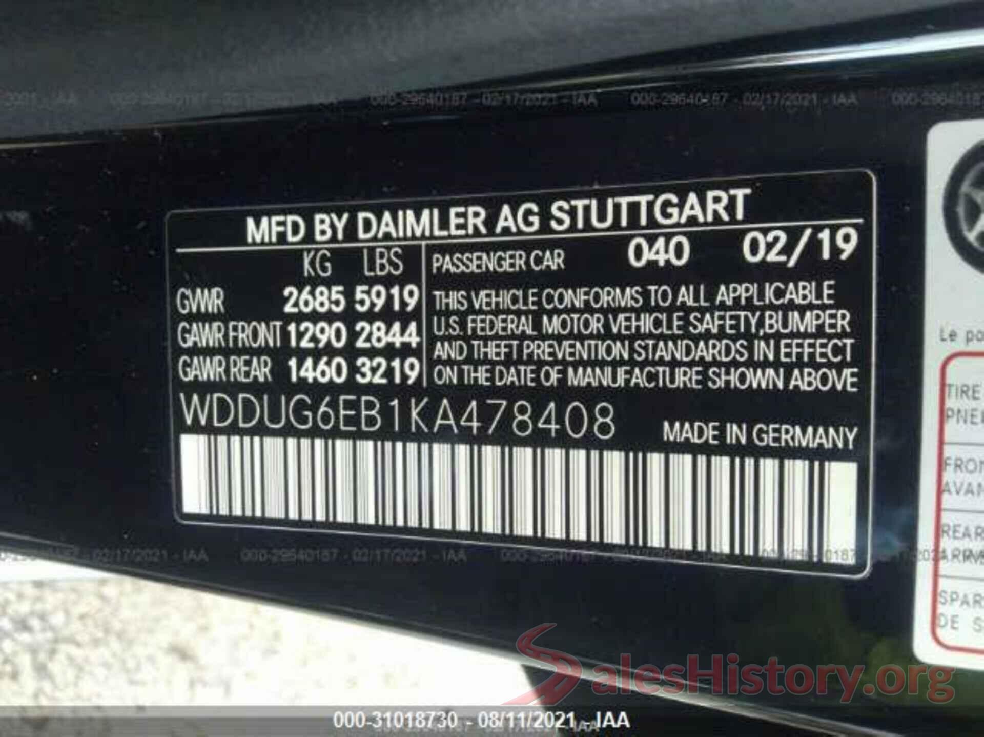 WDDUG6EB1KA478408 2019 MERCEDES-BENZ S-CLASS