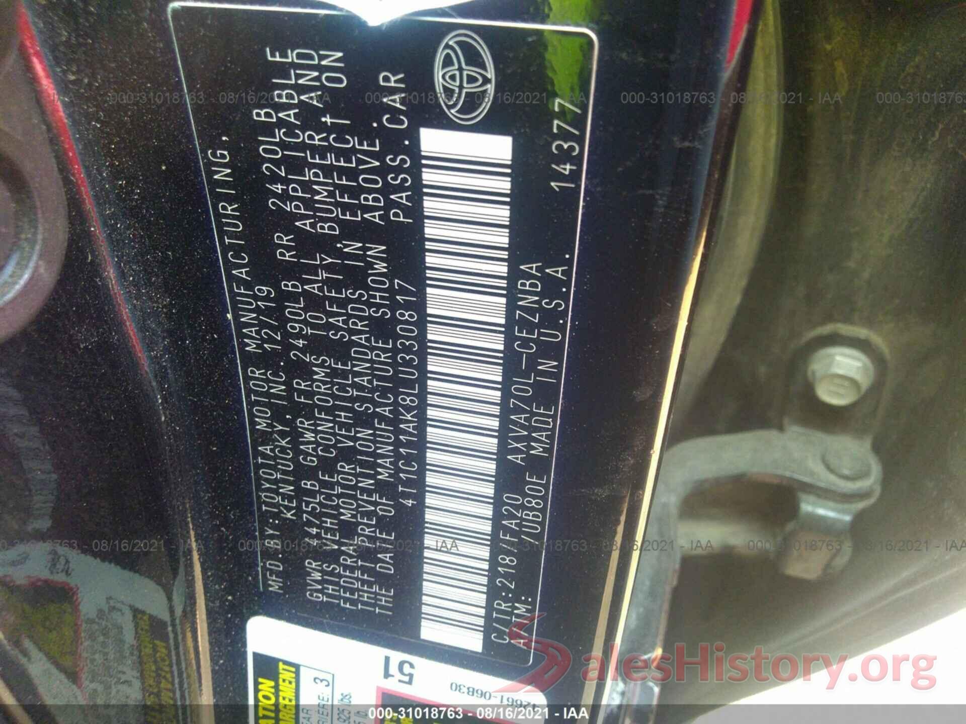 4T1C11AK8LU330817 2020 TOYOTA CAMRY