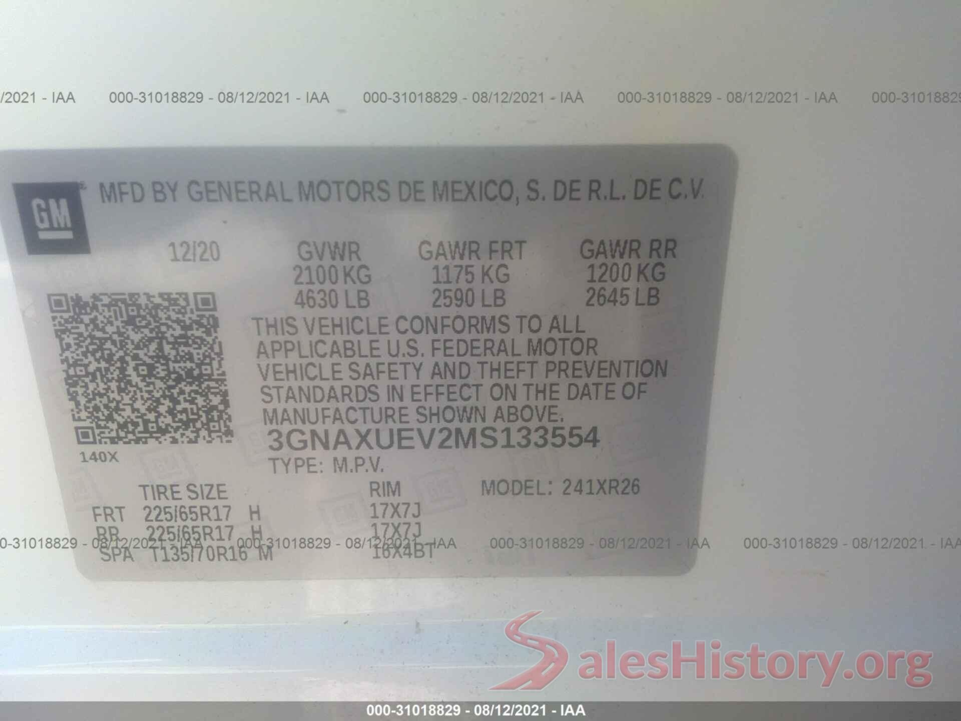 3GNAXUEV2MS133554 2021 CHEVROLET EQUINOX