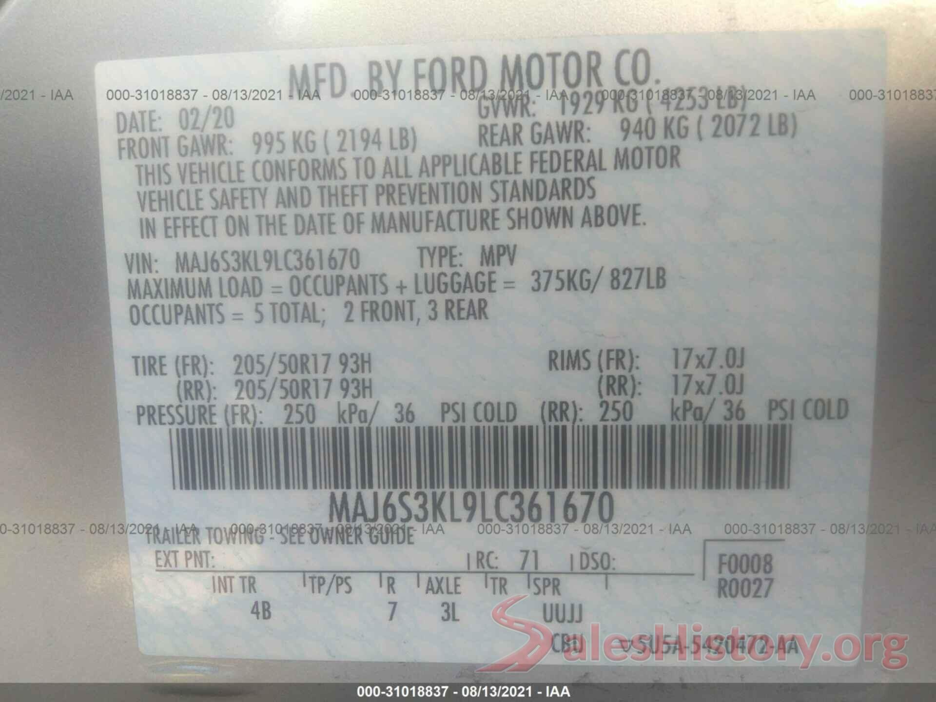 MAJ6S3KL9LC361670 2020 FORD ECOSPORT