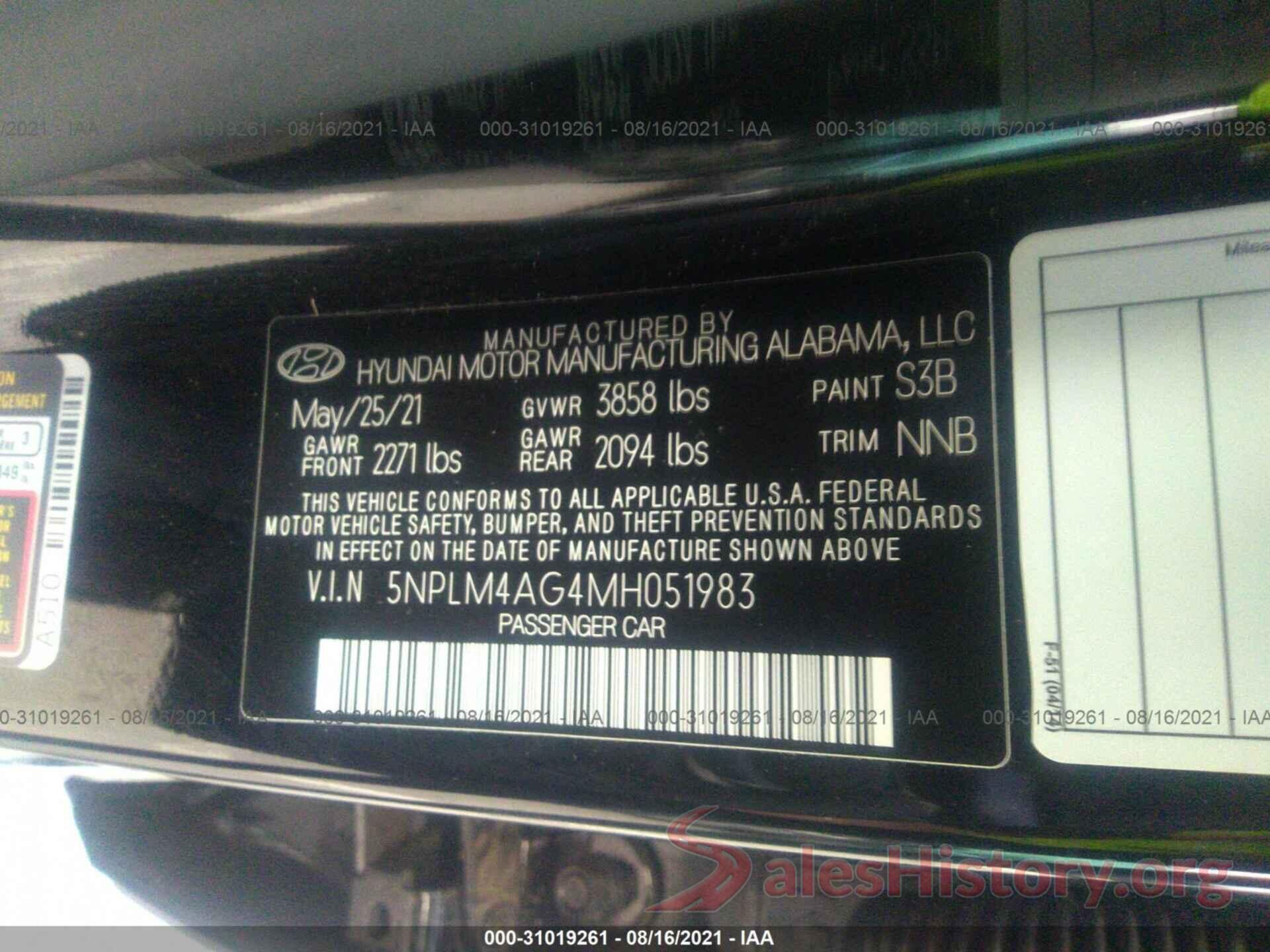 5NPLM4AG4MH051983 2021 HYUNDAI ELANTRA