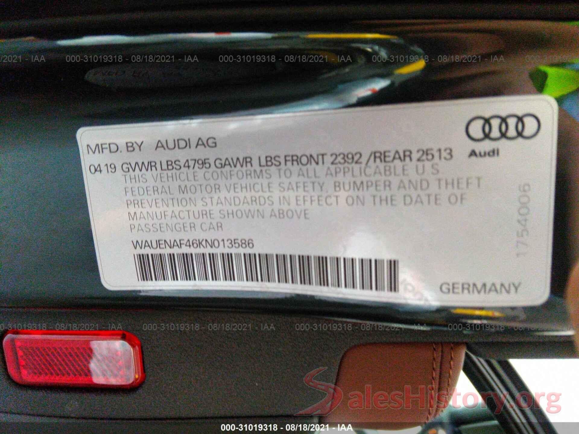 WAUENAF46KN013586 2019 AUDI A4