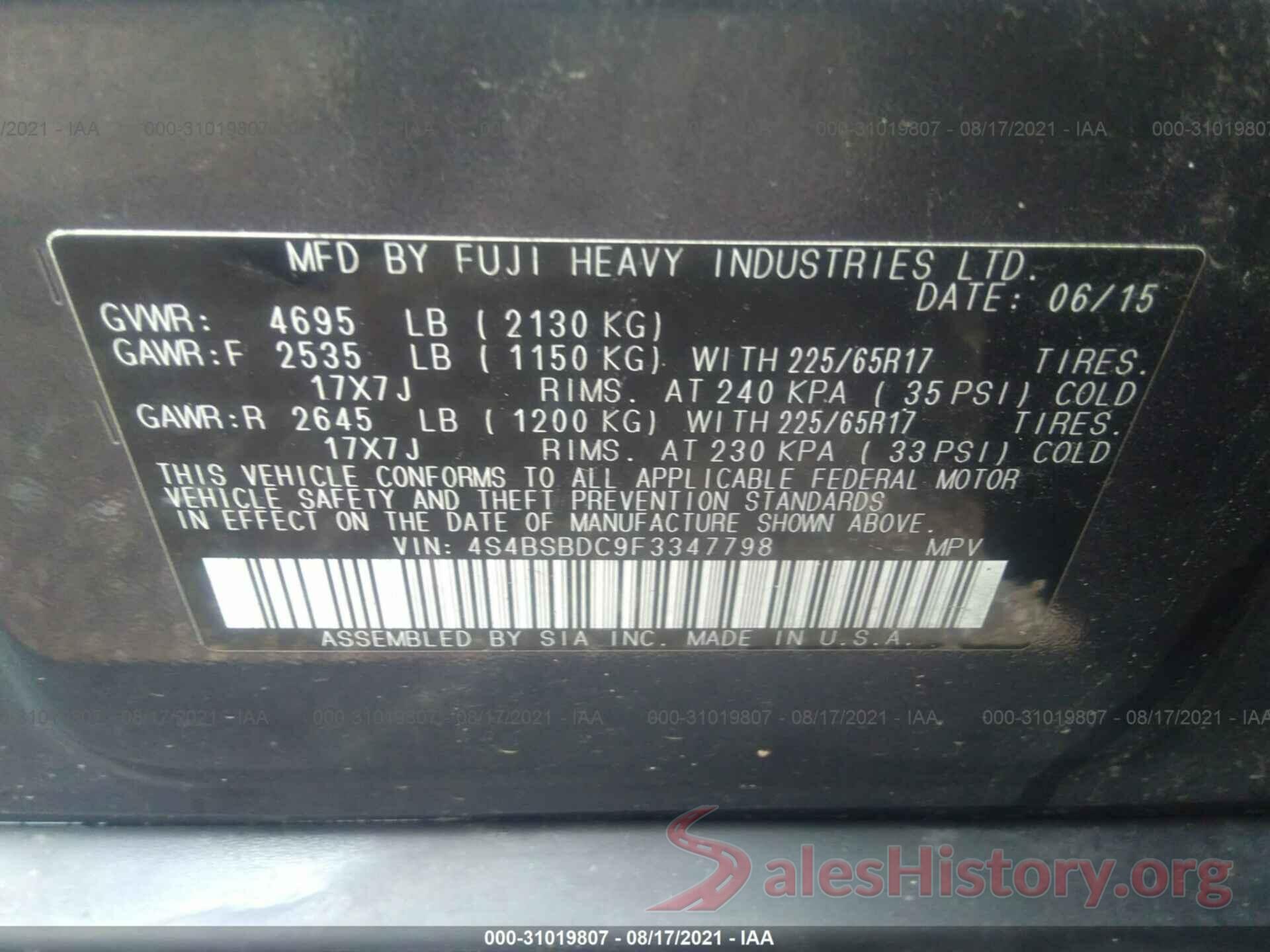 4S4BSBDC9F3347798 2015 SUBARU OUTBACK