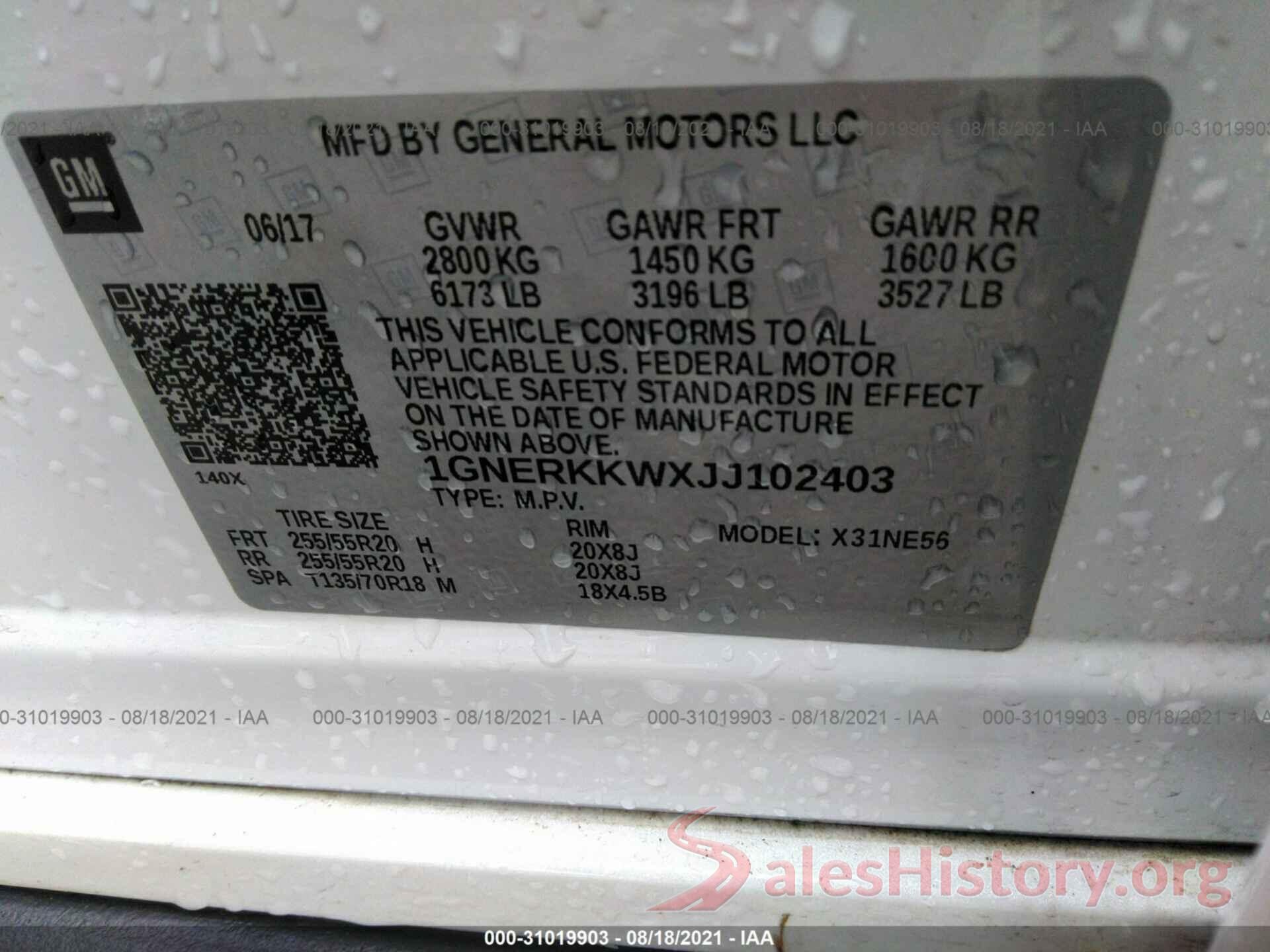 1GNERKKWXJJ102403 2018 CHEVROLET TRAVERSE