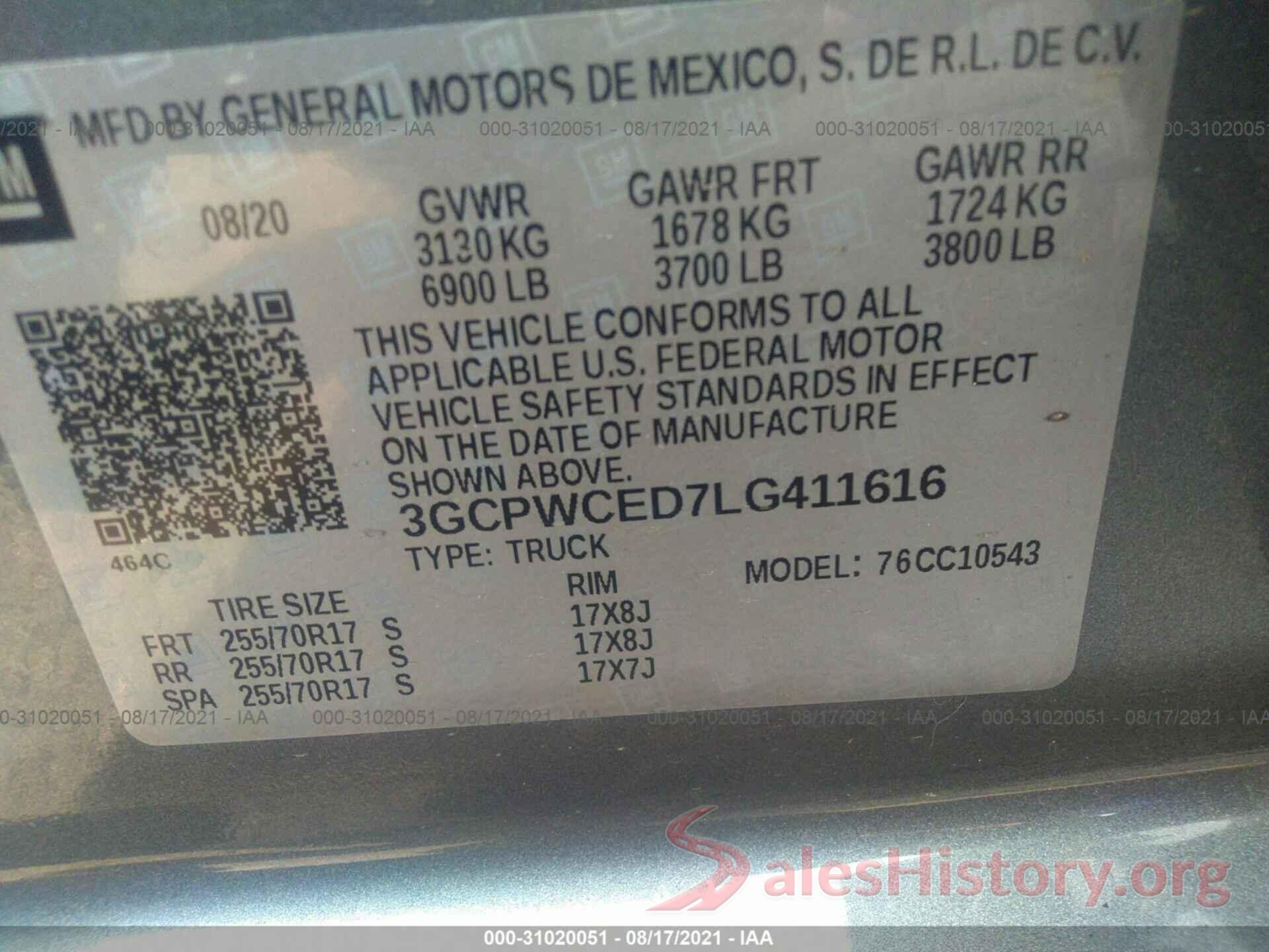 3GCPWCED7LG411616 2020 CHEVROLET SILVERADO 1500