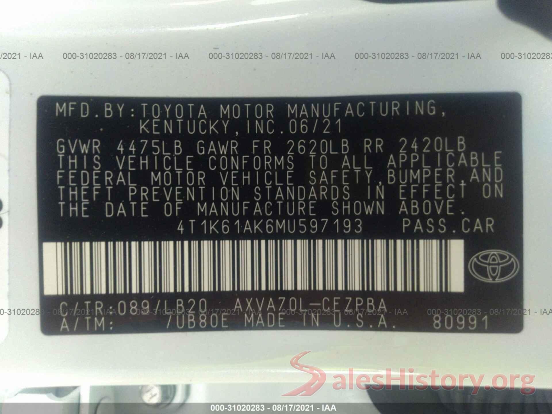 4T1K61AK6MU597193 2021 TOYOTA CAMRY