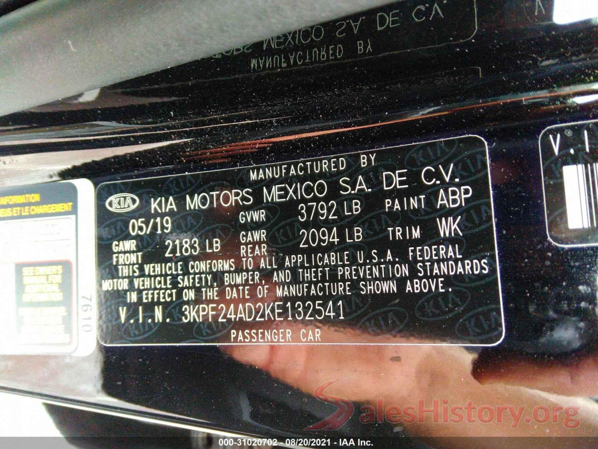 3KPF24AD2KE132541 2019 KIA FORTE