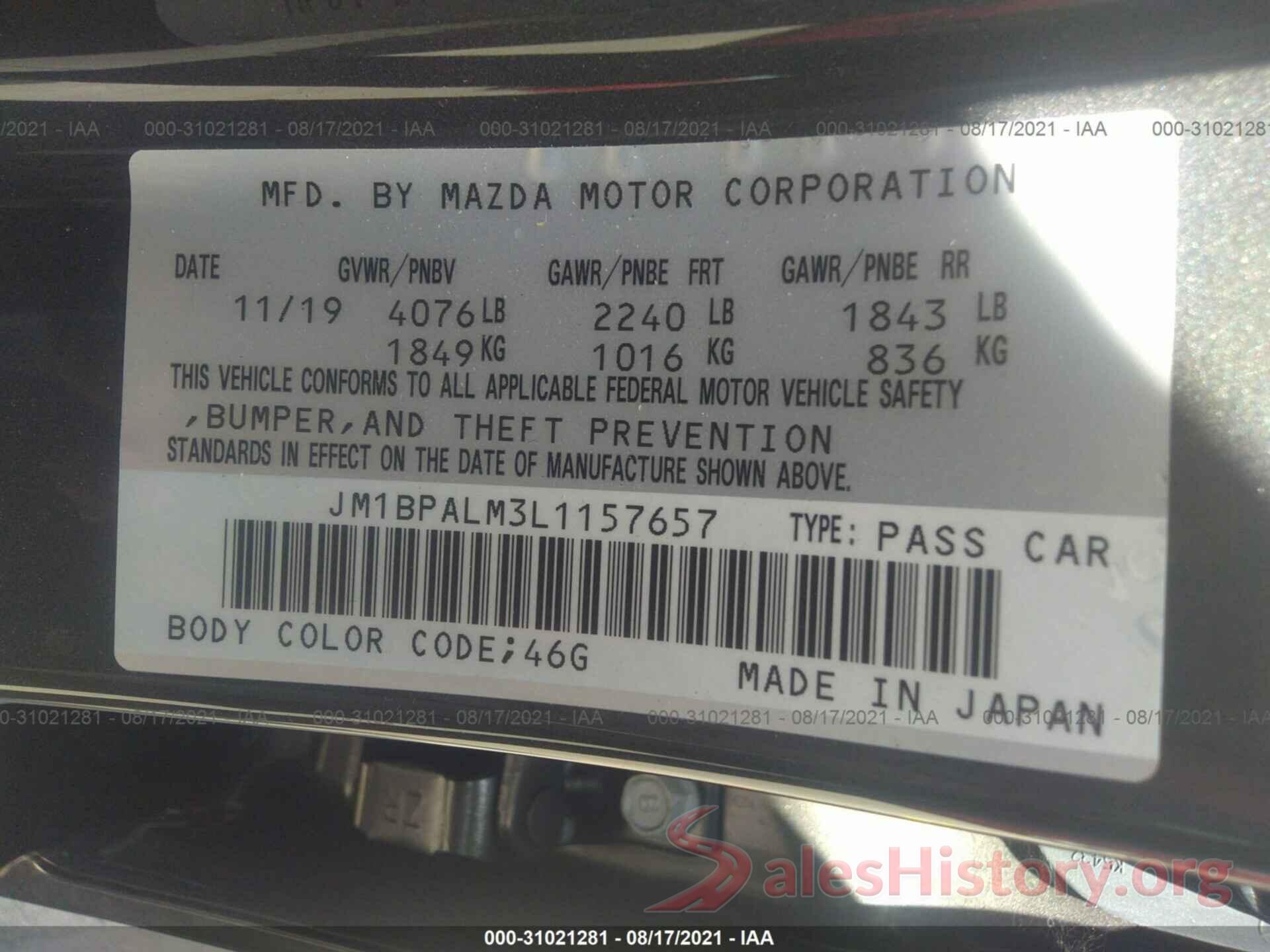 JM1BPALM3L1157657 2020 MAZDA MAZDA3 HATCHBACK