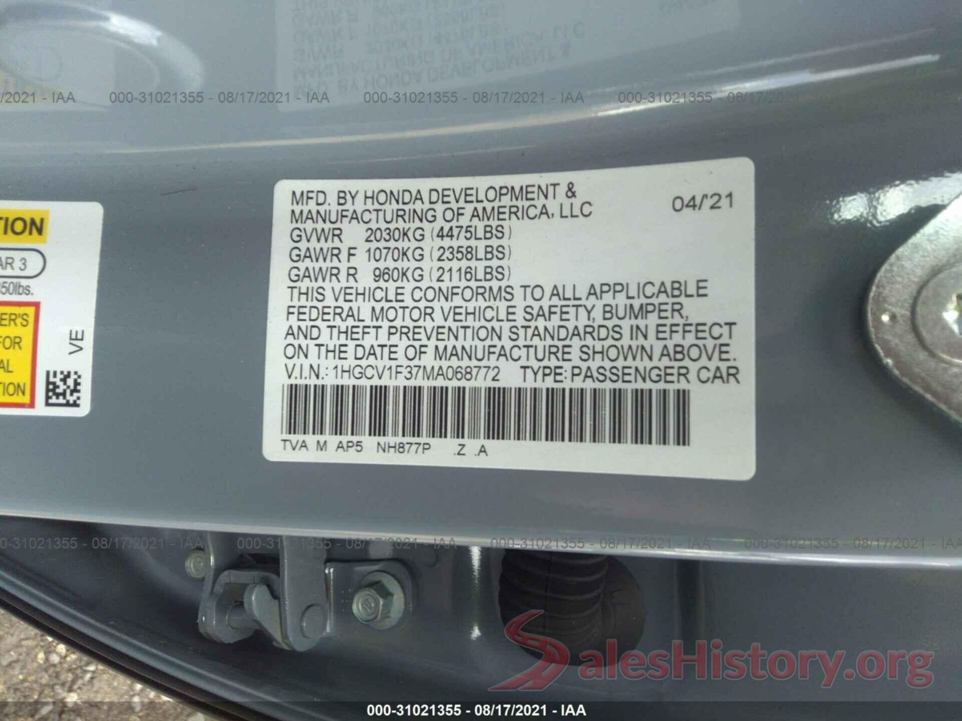 1HGCV1F37MA068772 2021 HONDA ACCORD SEDAN