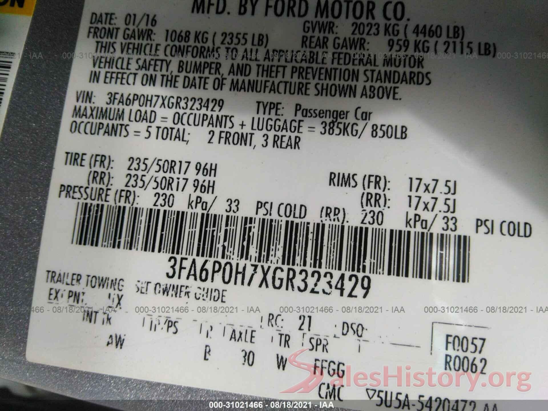 3FA6P0H7XGR323429 2016 FORD FUSION