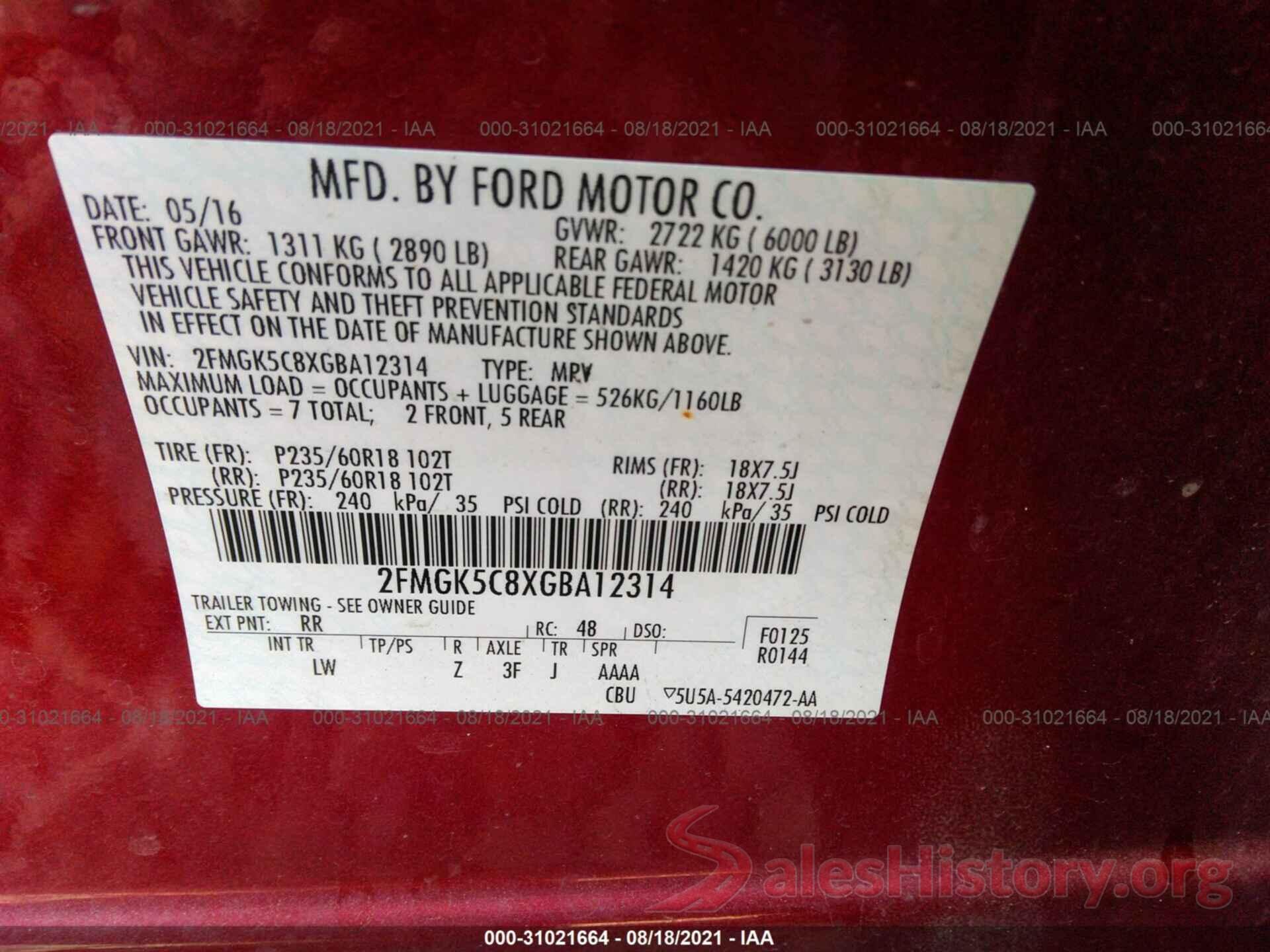 2FMGK5C8XGBA12314 2016 FORD FLEX