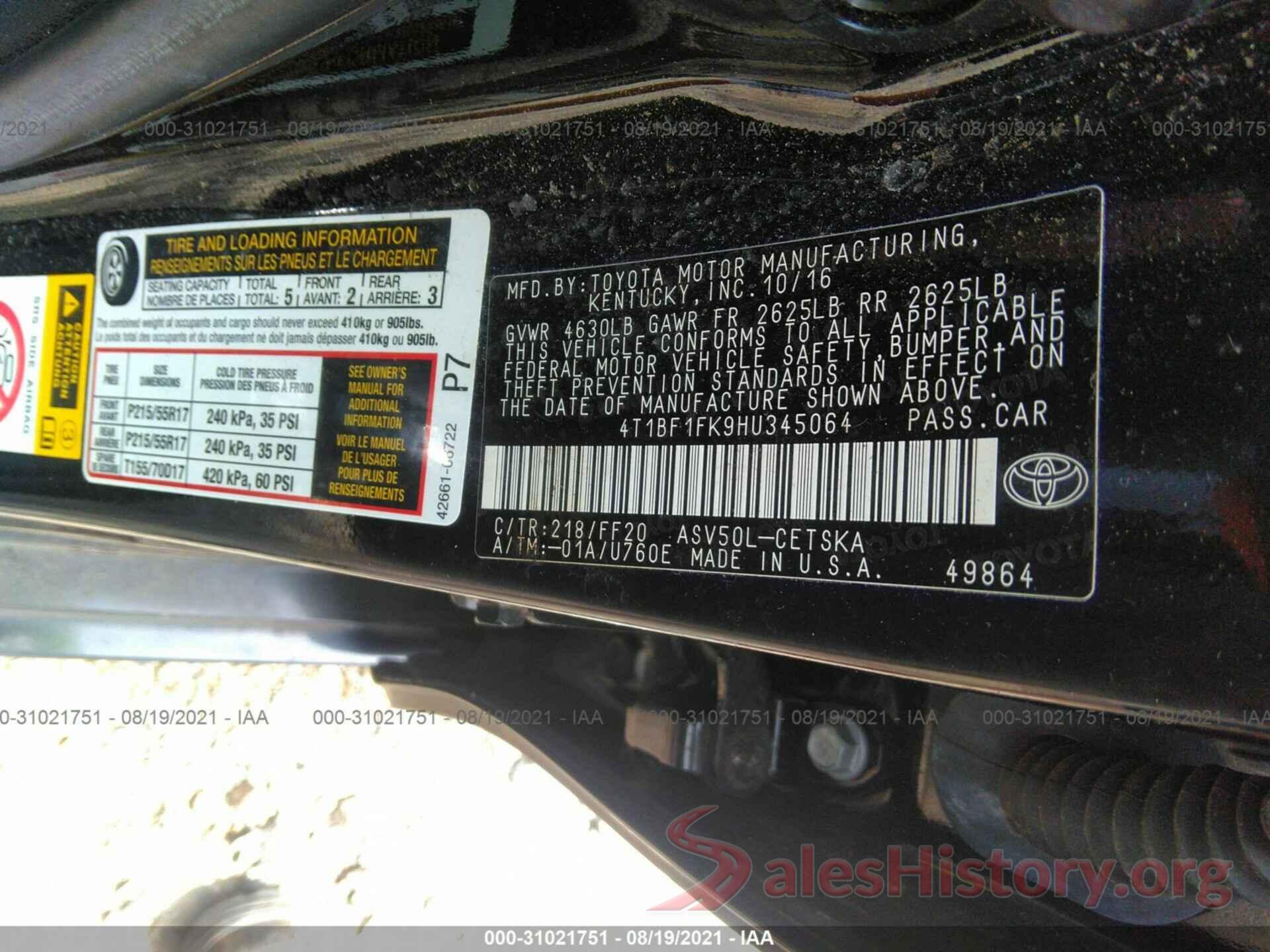 4T1BF1FK9HU345064 2017 TOYOTA CAMRY