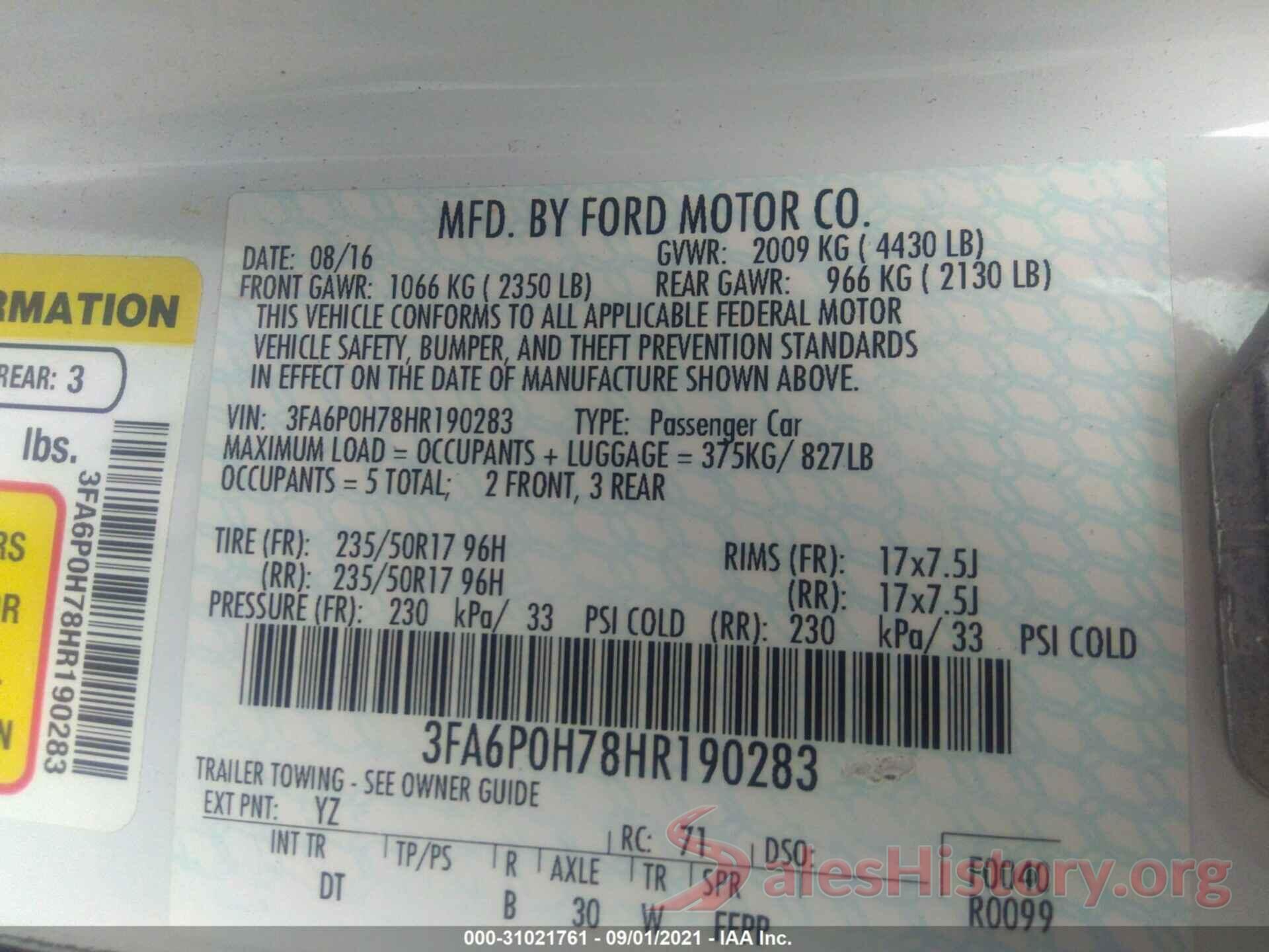 3FA6P0H78HR190283 2017 FORD FUSION