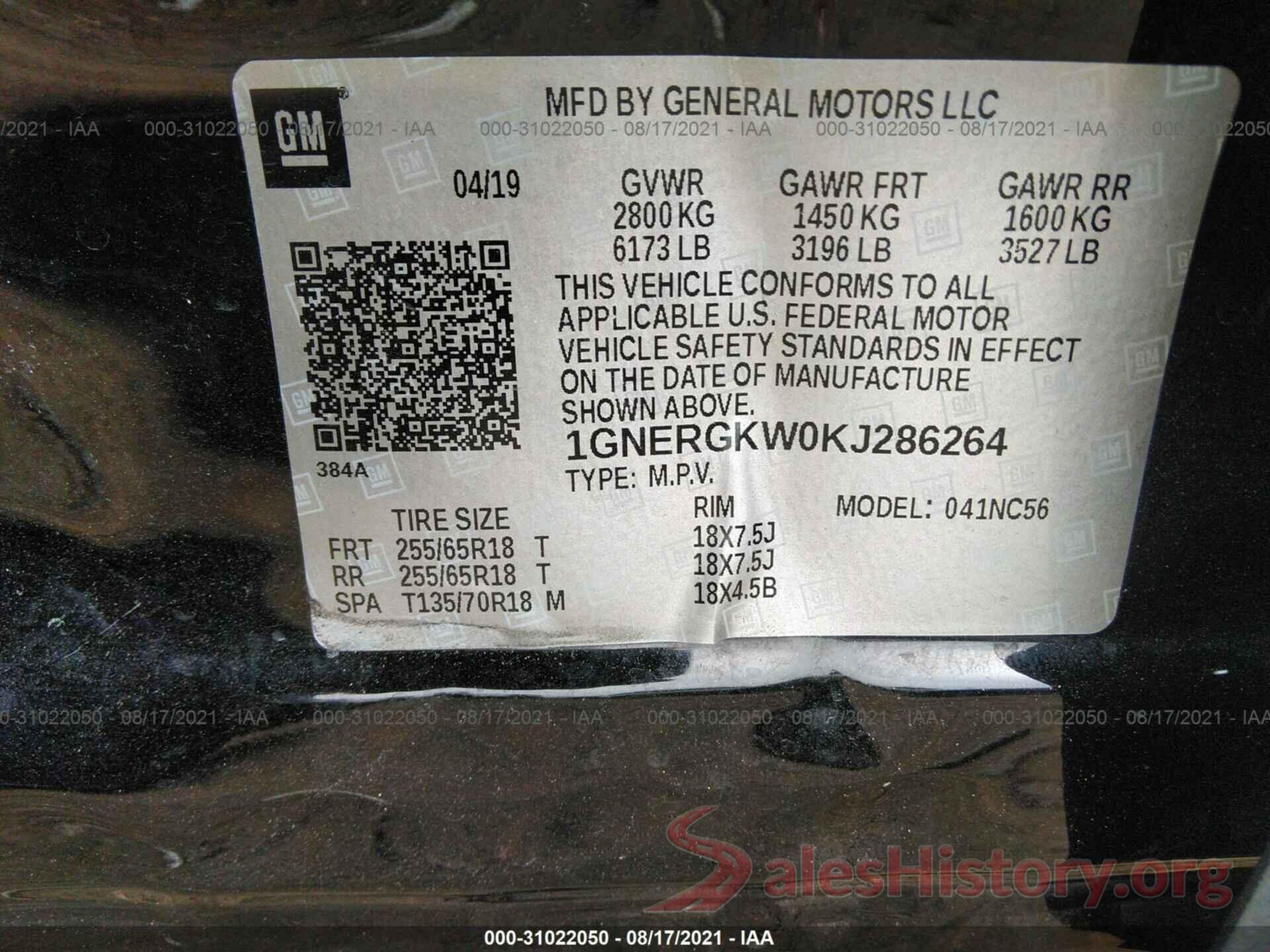 1GNERGKW0KJ286264 2019 CHEVROLET TRAVERSE