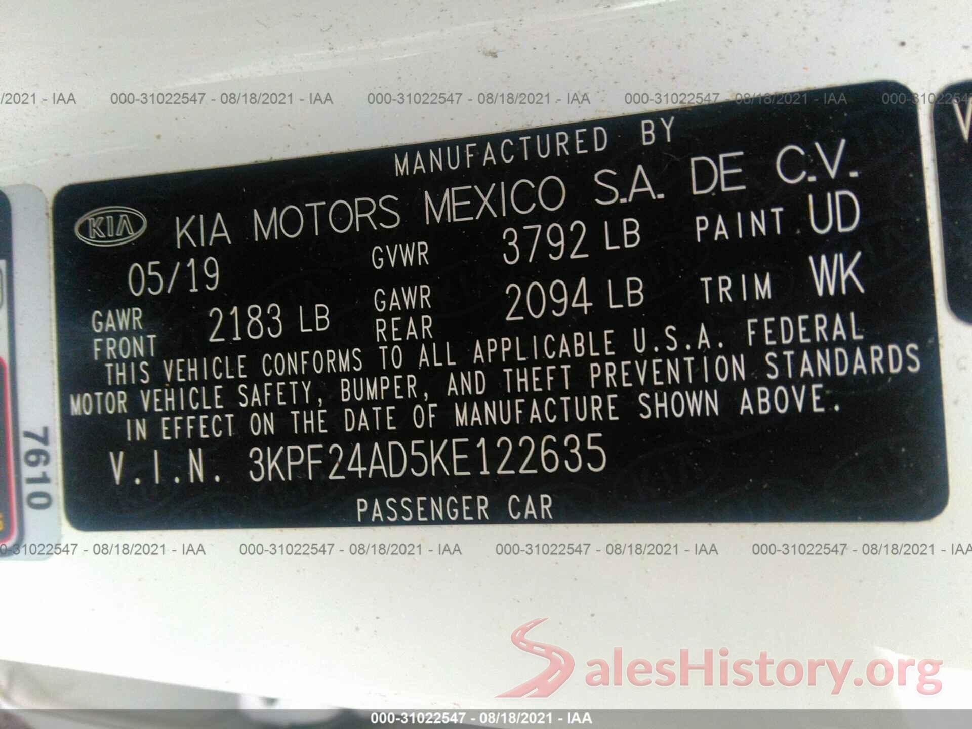 3KPF24AD5KE122635 2019 KIA FORTE