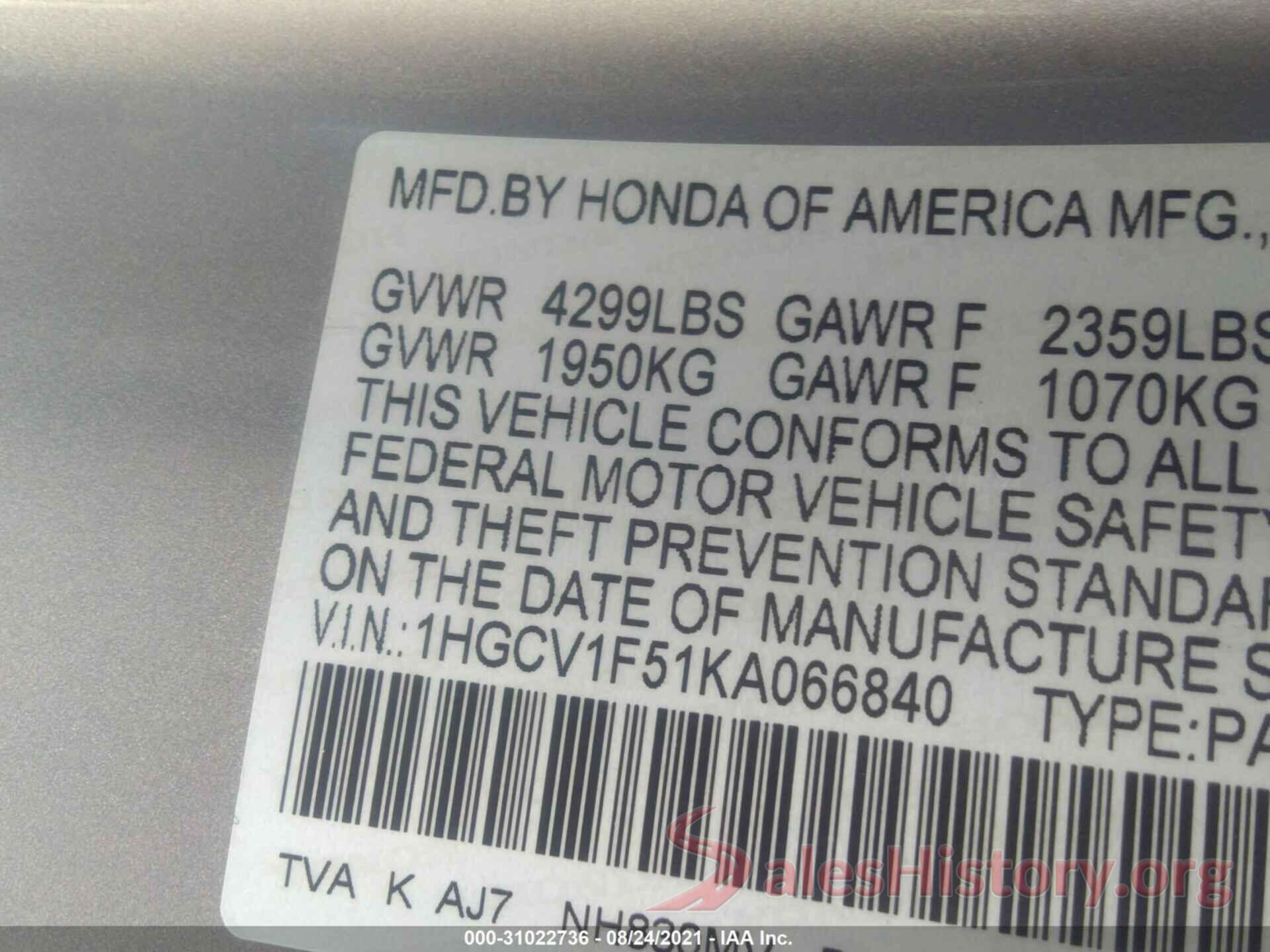 1HGCV1F51KA066840 2019 HONDA ACCORD SEDAN