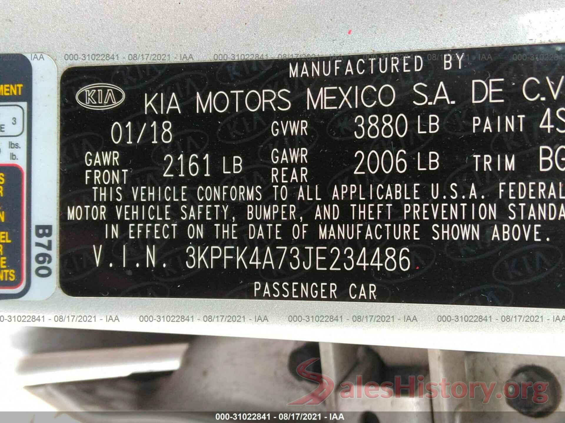 3KPFK4A73JE234486 2018 KIA FORTE