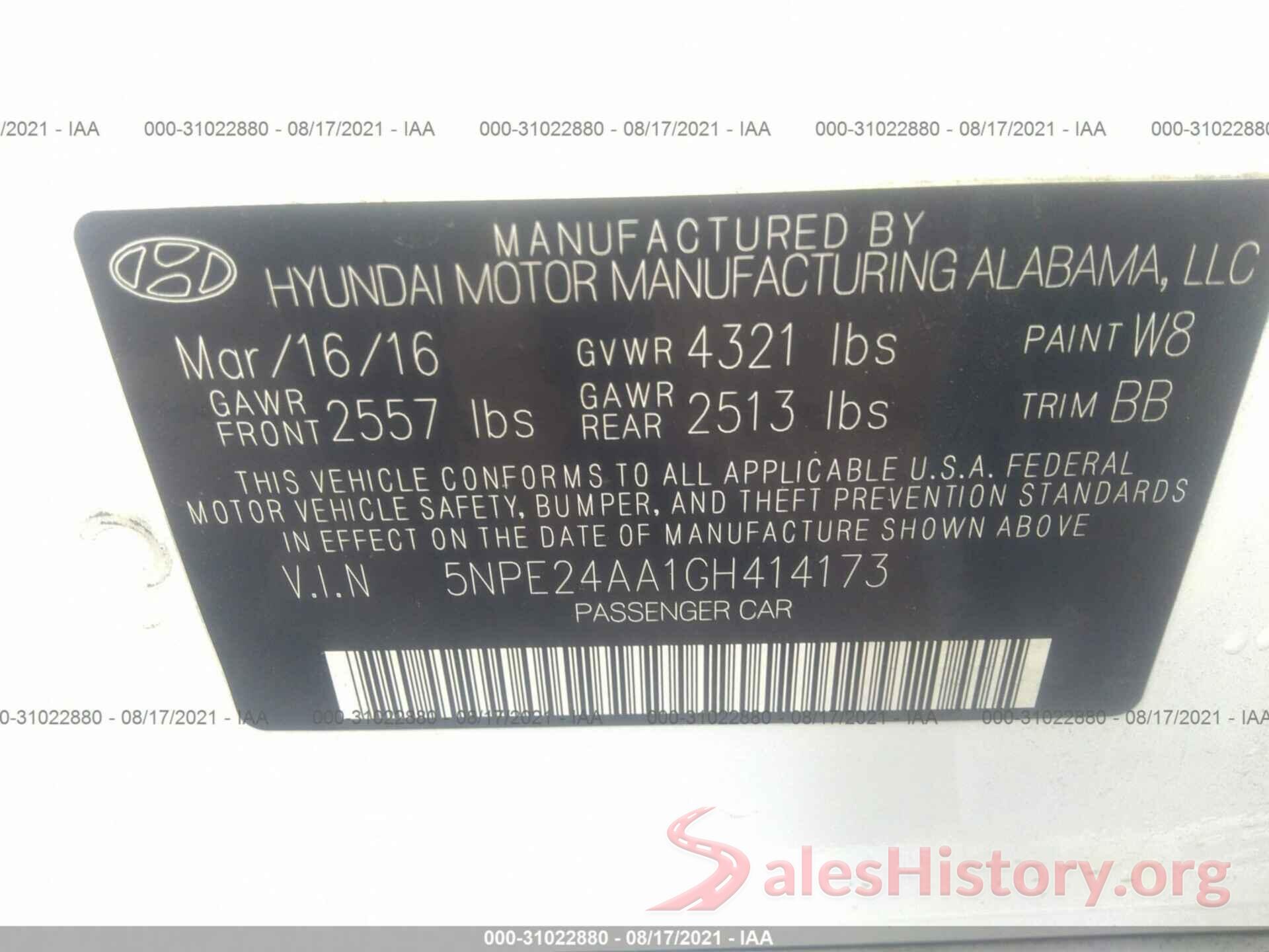 5NPE24AA1GH414173 2016 HYUNDAI SONATA