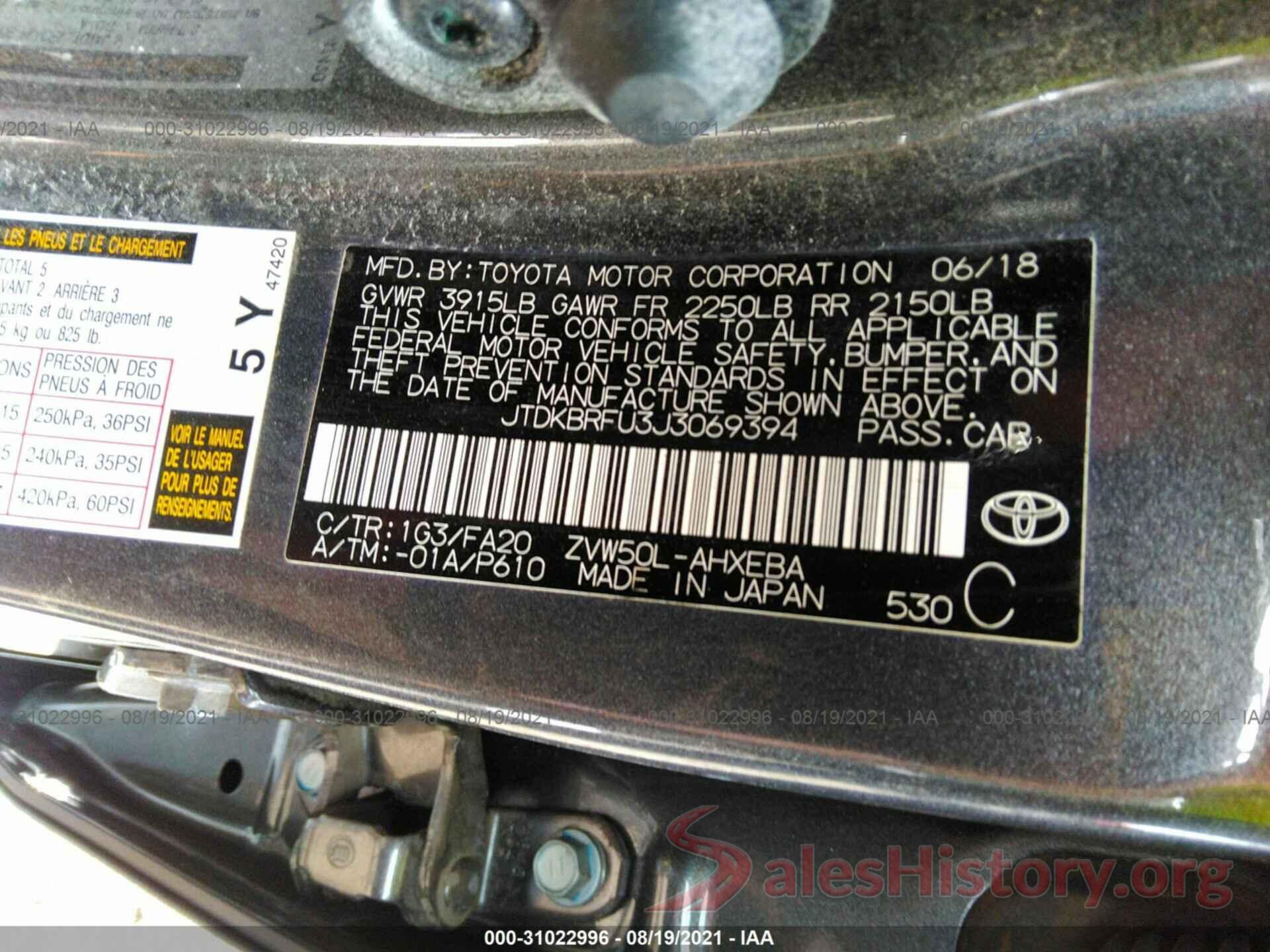 JTDKBRFU3J3069394 2018 TOYOTA PRIUS