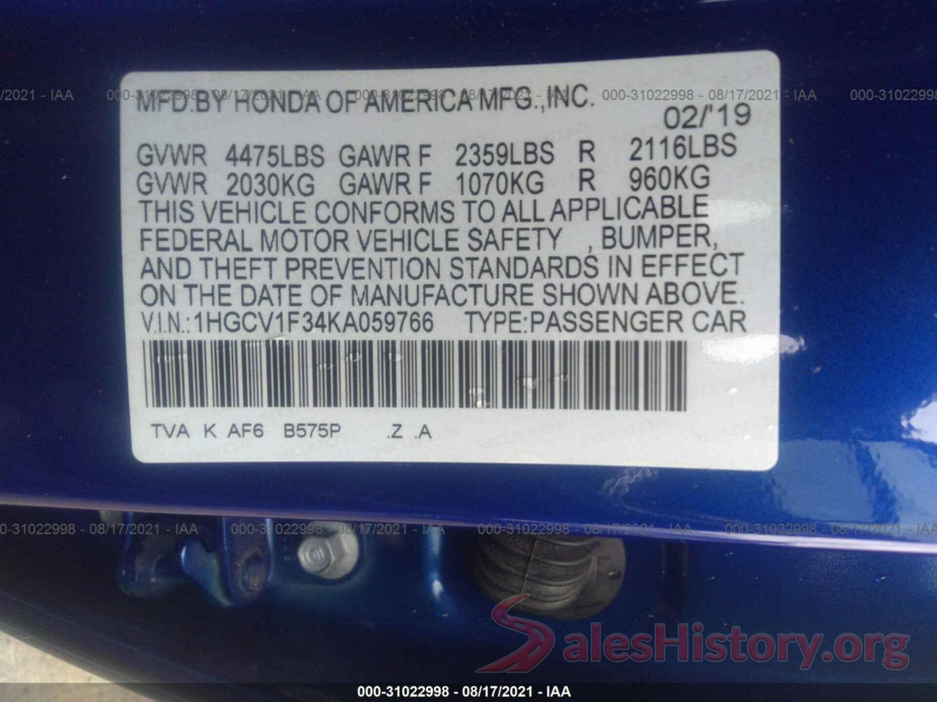 1HGCV1F34KA059766 2019 HONDA ACCORD SEDAN