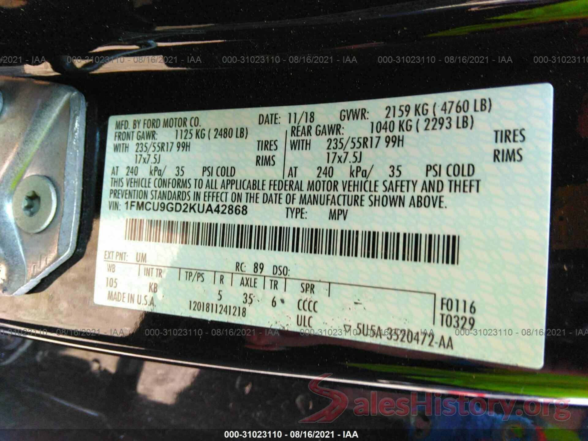 1FMCU9GD2KUA42868 2019 FORD ESCAPE