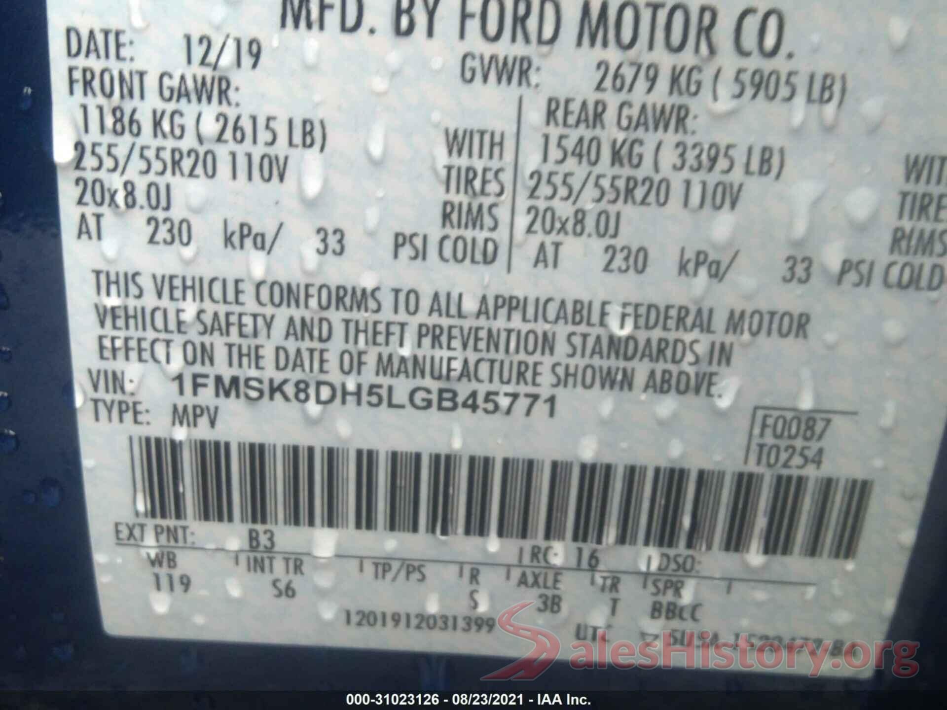 1FMSK8DH5LGB45771 2020 FORD EXPLORER