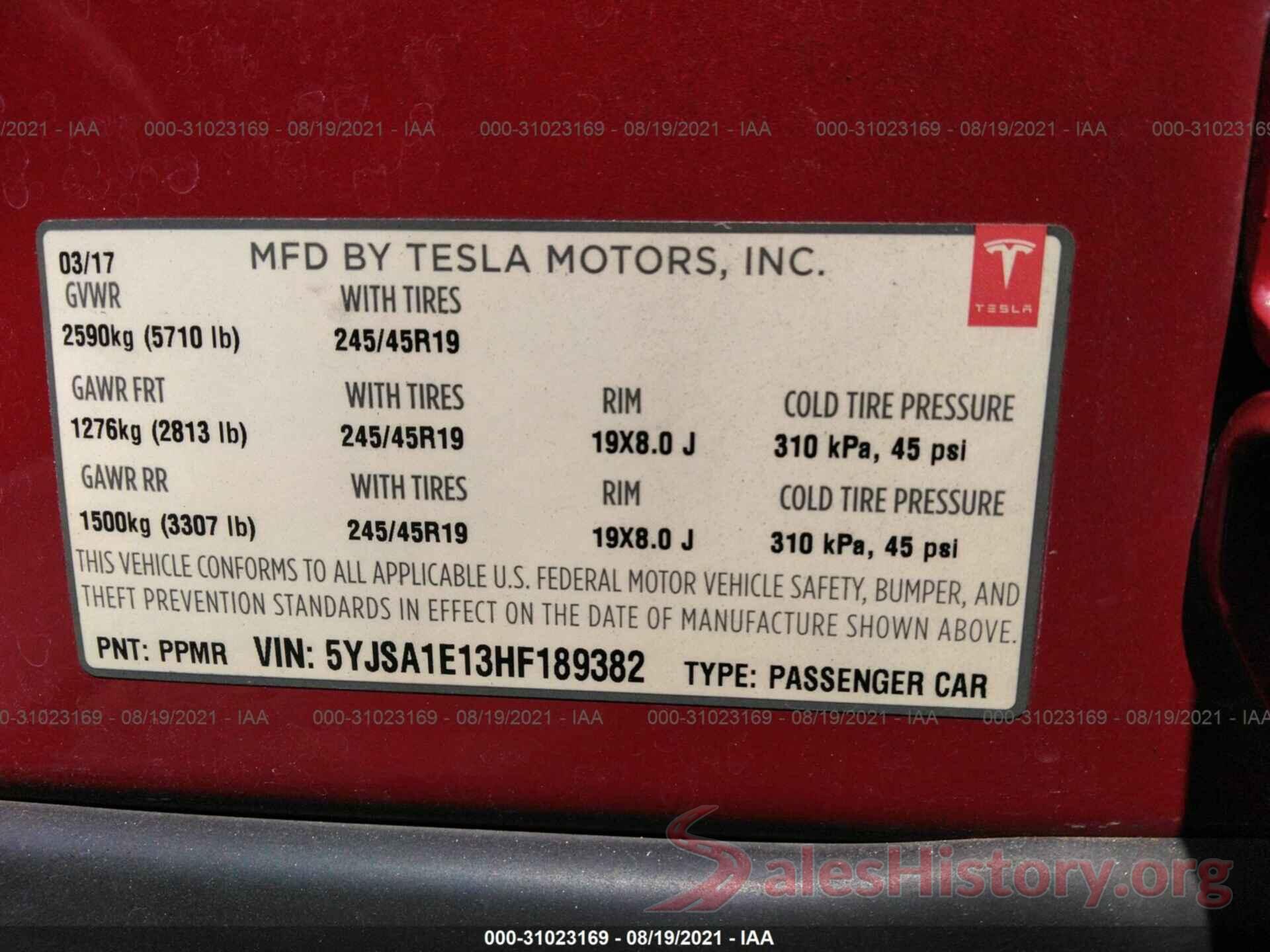 5YJSA1E13HF189382 2017 TESLA MODEL S