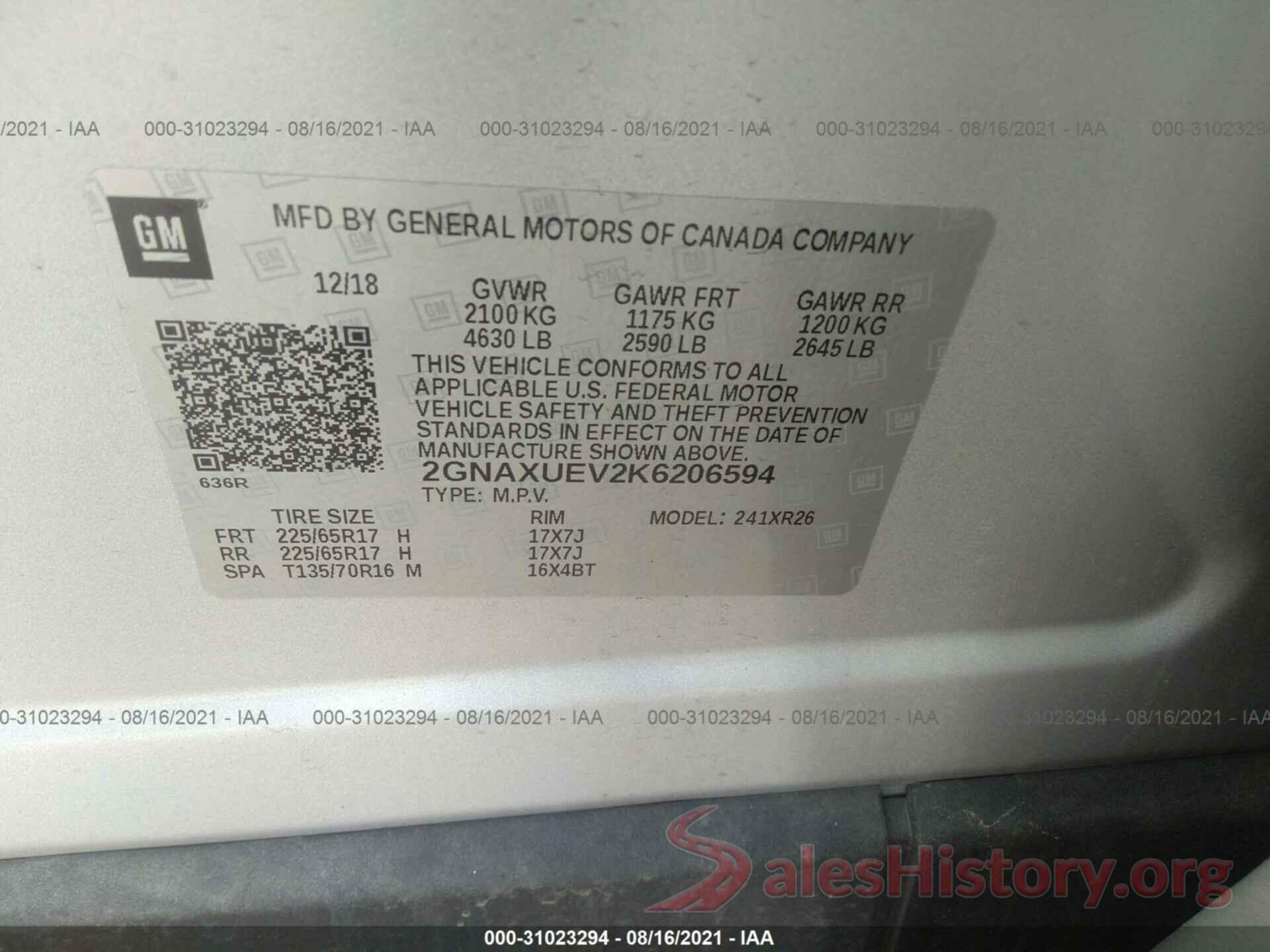 2GNAXUEV2K6206594 2019 CHEVROLET EQUINOX