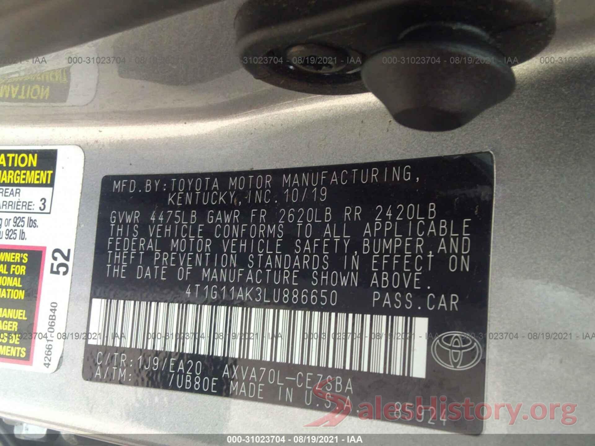 4T1G11AK3LU886650 2020 TOYOTA CAMRY