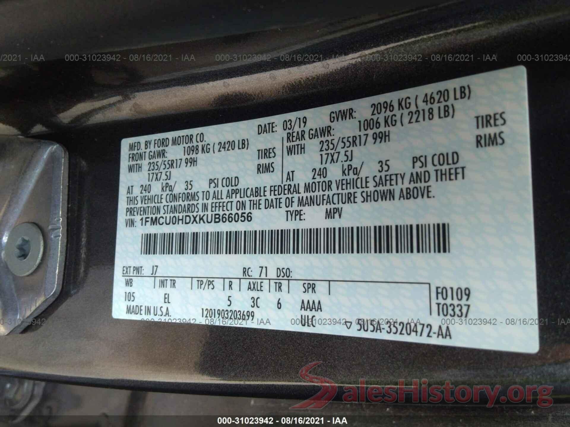 1FMCU0HDXKUB66056 2019 FORD ESCAPE