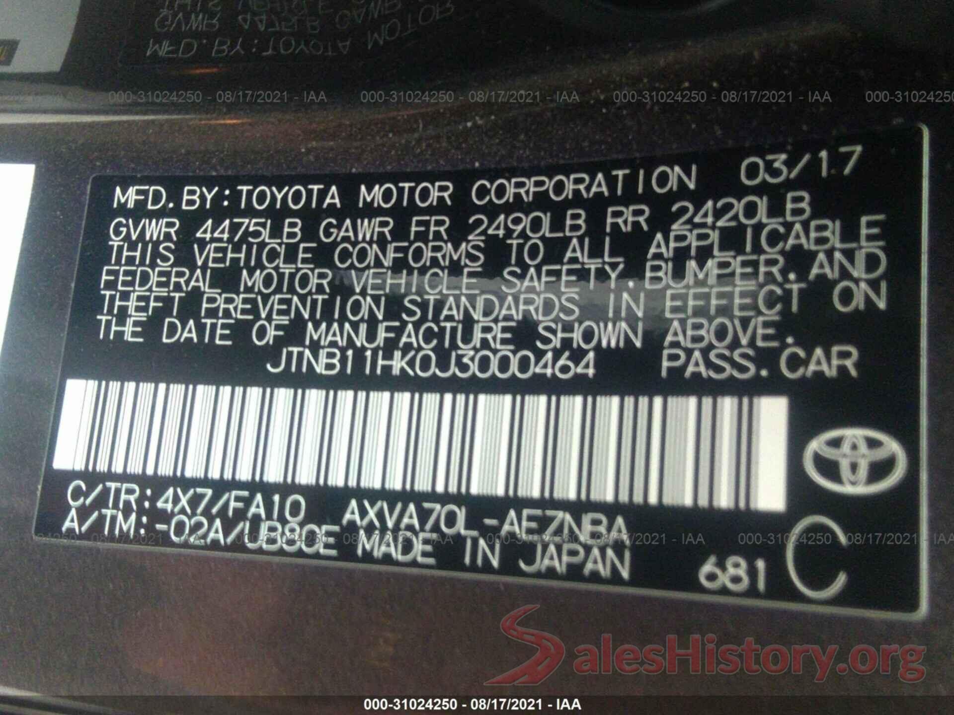 JTNB11HK0J3000464 2018 TOYOTA CAMRY