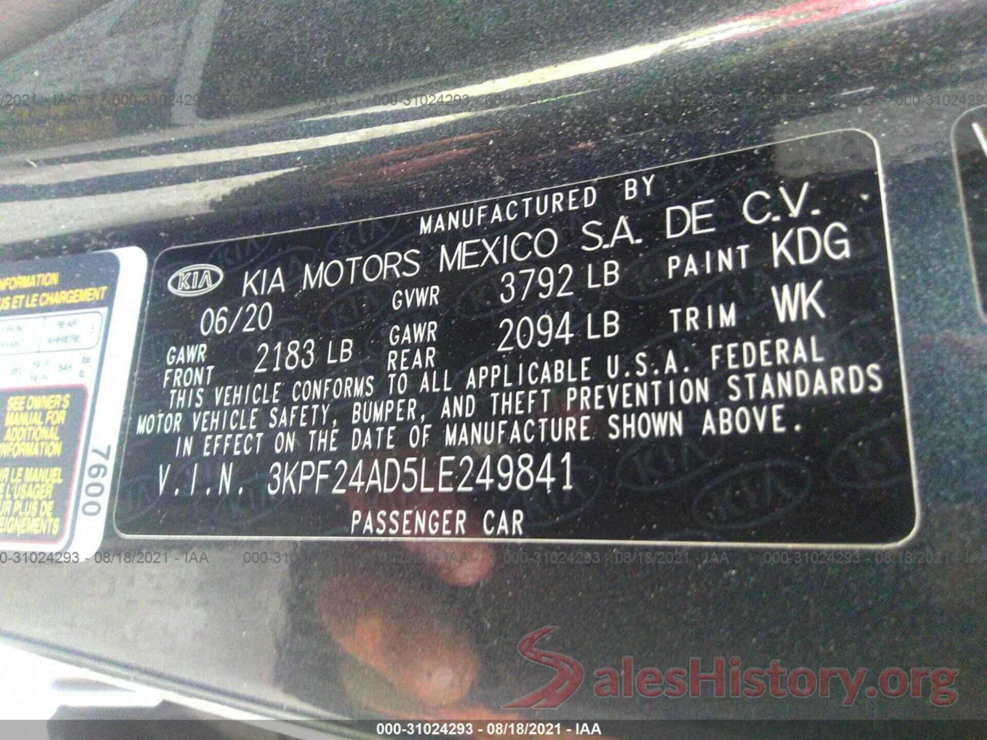 3KPF24AD5LE249841 2020 KIA FORTE