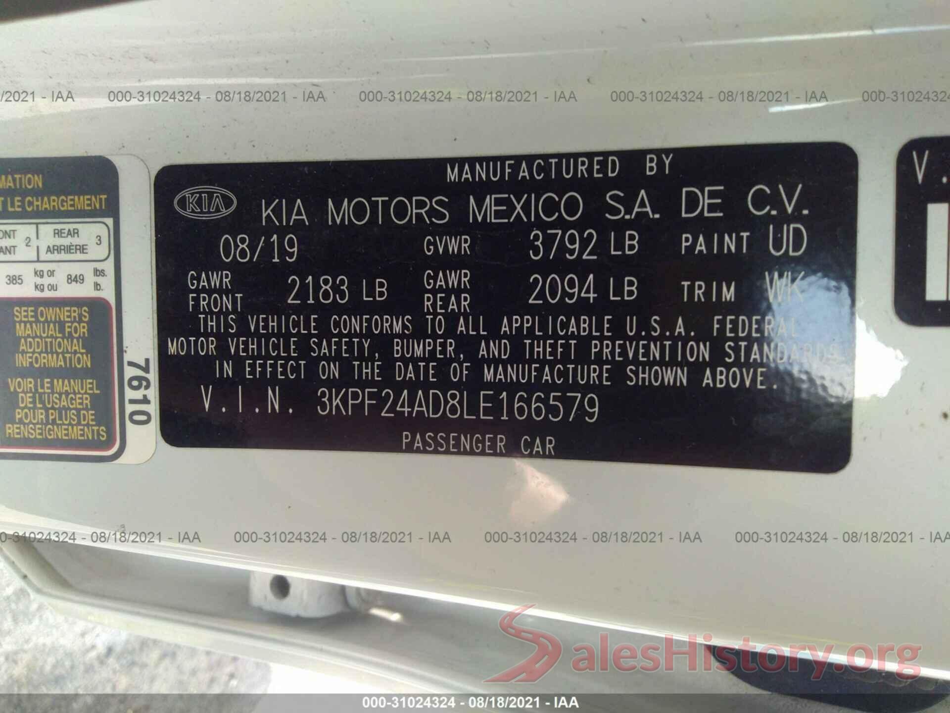 3KPF24AD8LE166579 2020 KIA FORTE