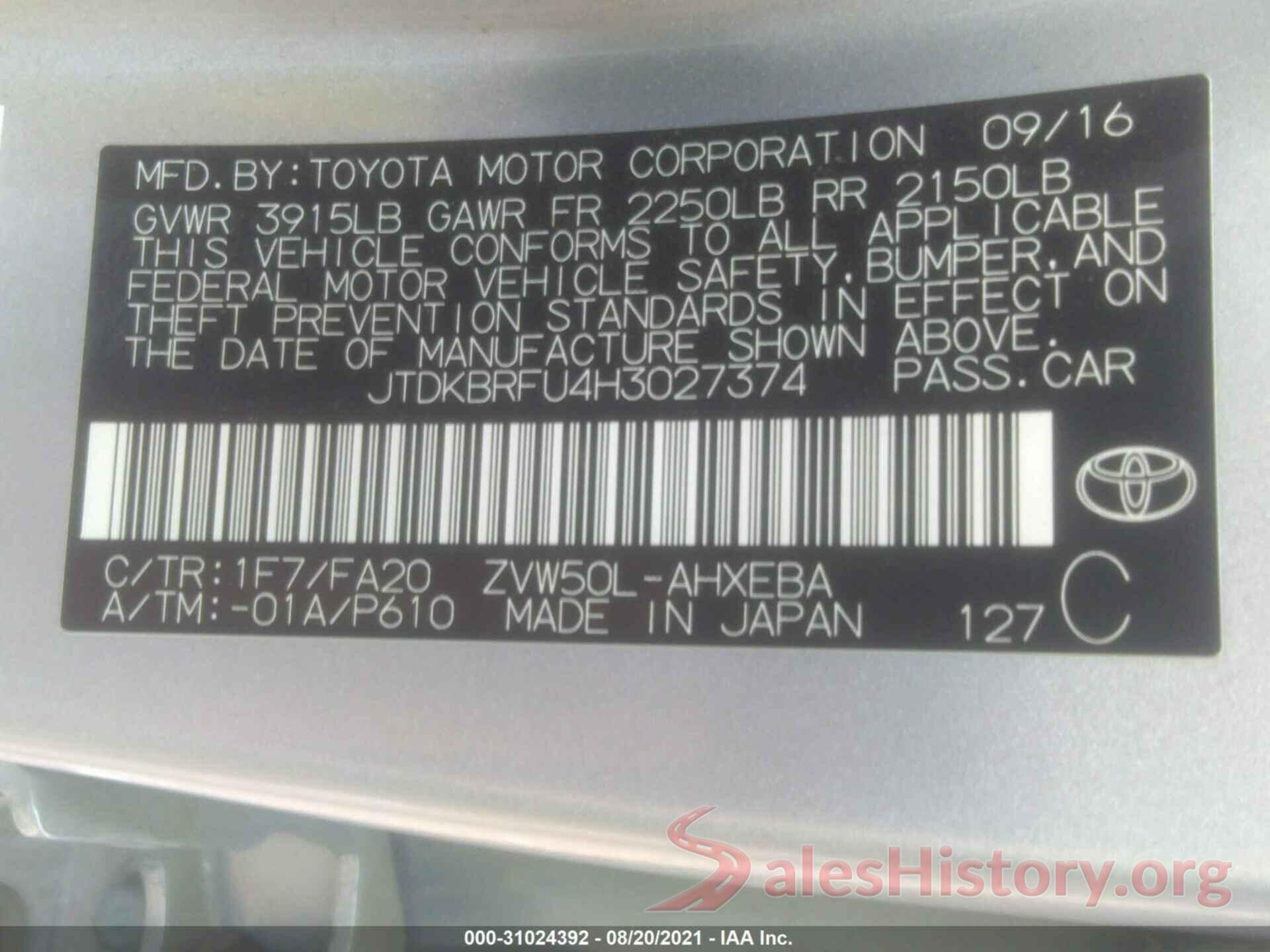 JTDKBRFU4H3027374 2017 TOYOTA PRIUS