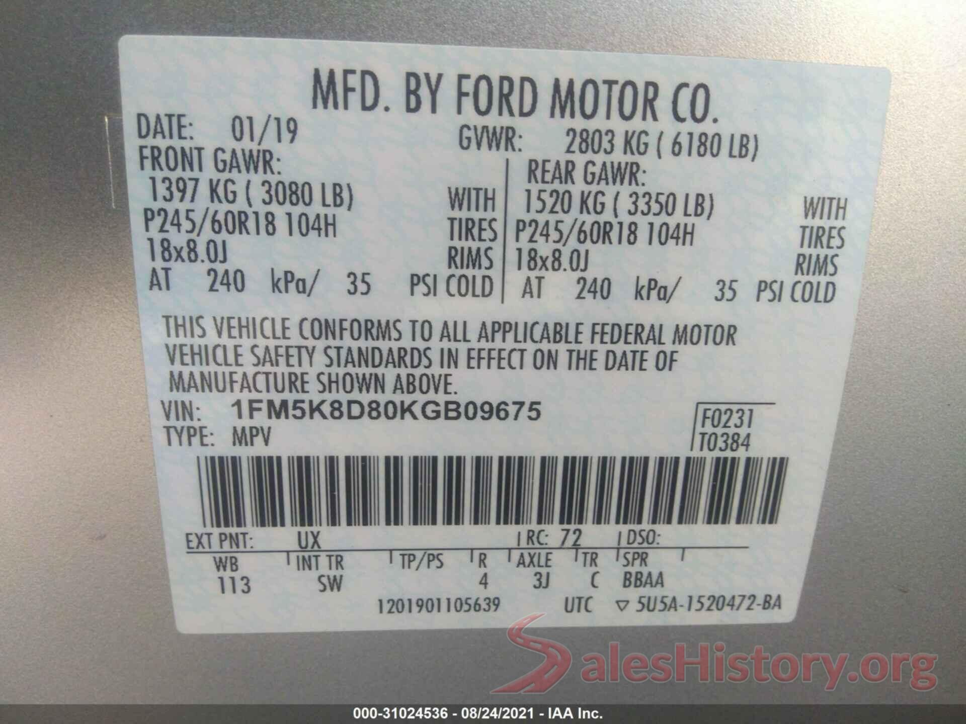 1FM5K8D80KGB09675 2019 FORD EXPLORER