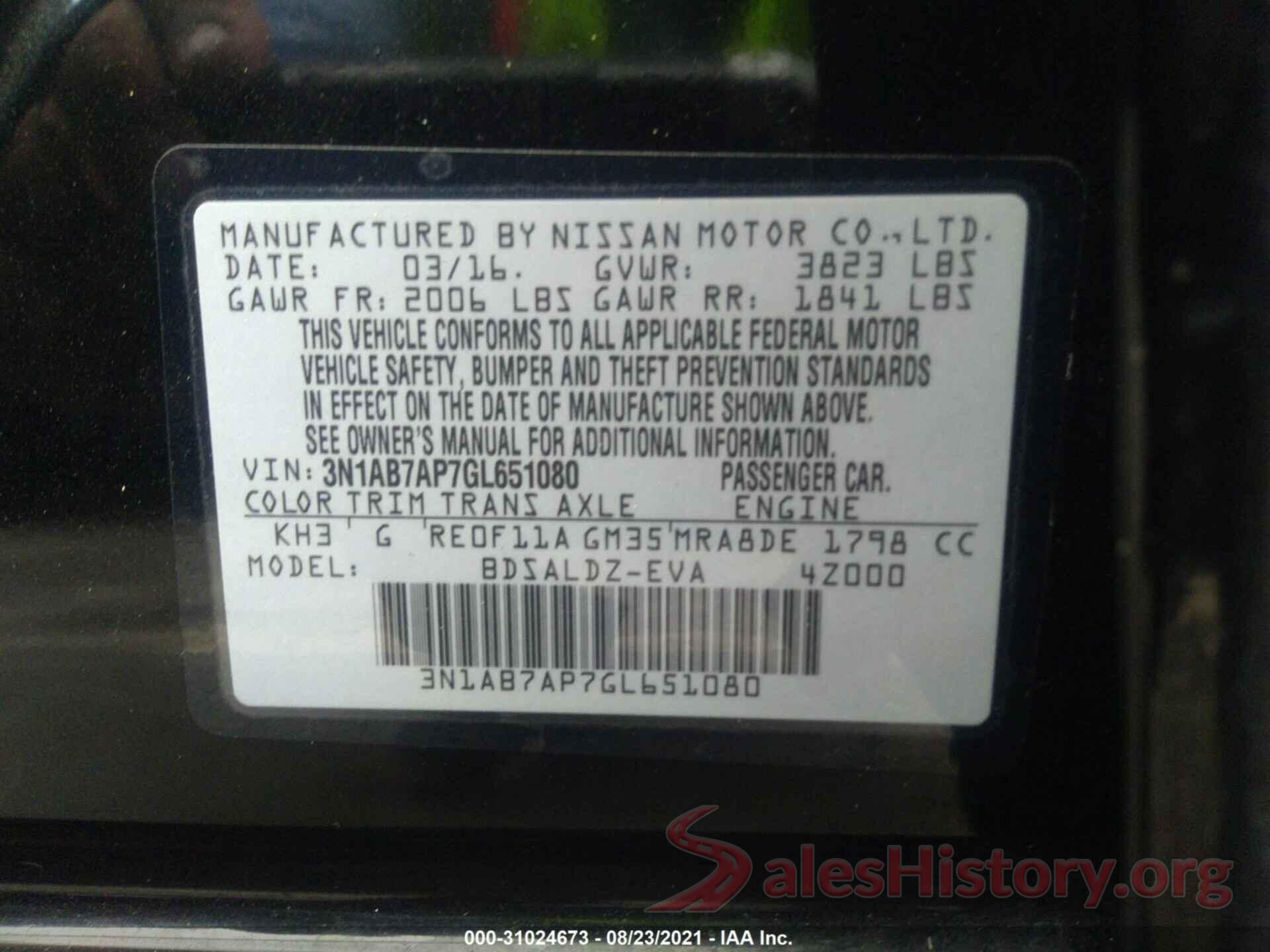 3N1AB7AP7GL651080 2016 NISSAN SENTRA