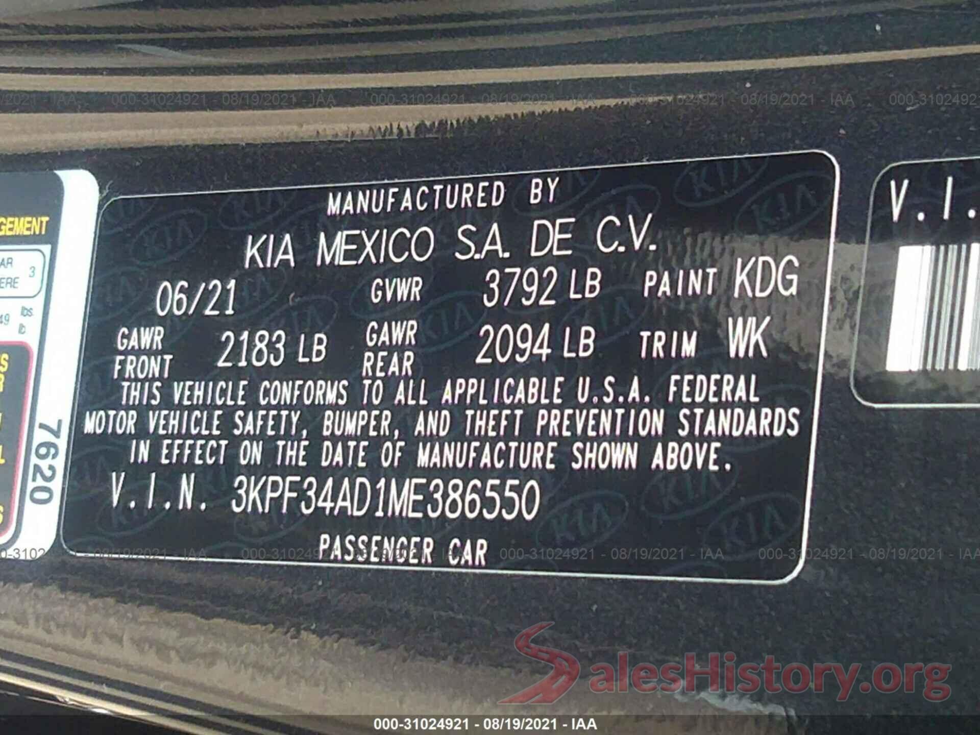 3KPF34AD1ME386550 2021 KIA FORTE